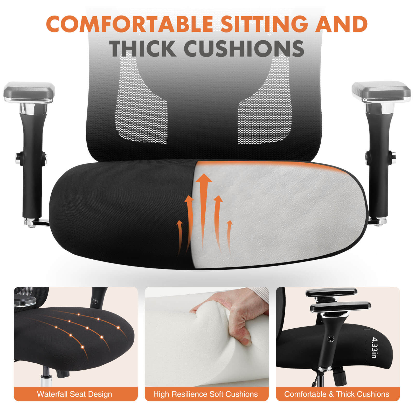 Heavy Duty Ergonomic Office Chair, Adjustable Lumbar Support, Oversized Cushion, 500lb Capacity