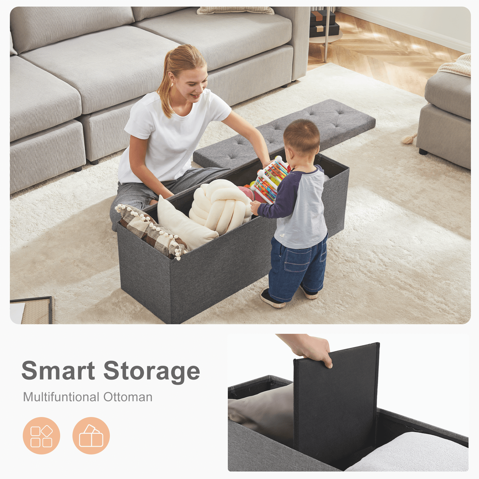 Versatile Foldable Storage Ottoman Bench for Bedroom, Living Room, Entryway Organization