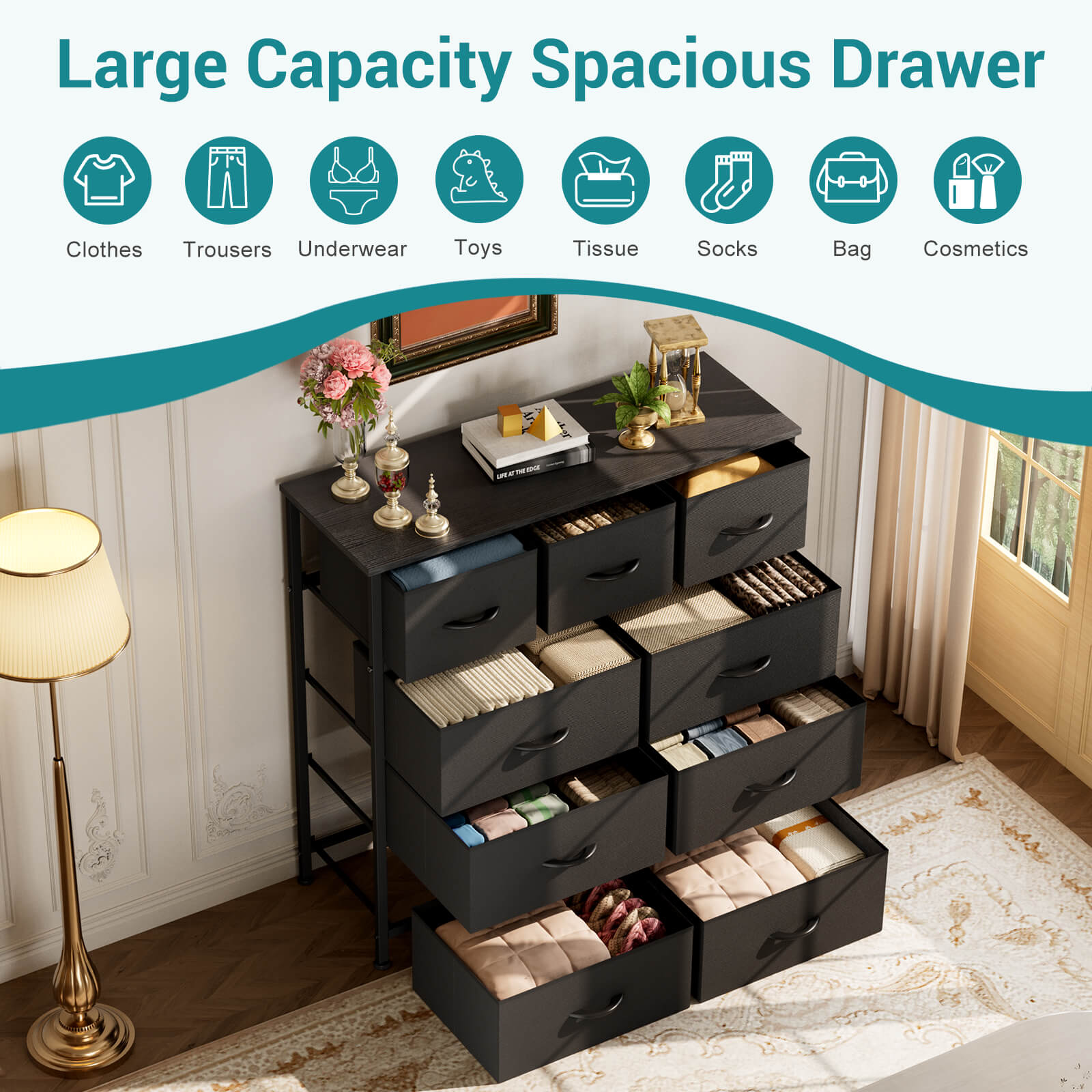 Versatile 9-Drawer Fabric Storage Dresser Chest for Home Organization
