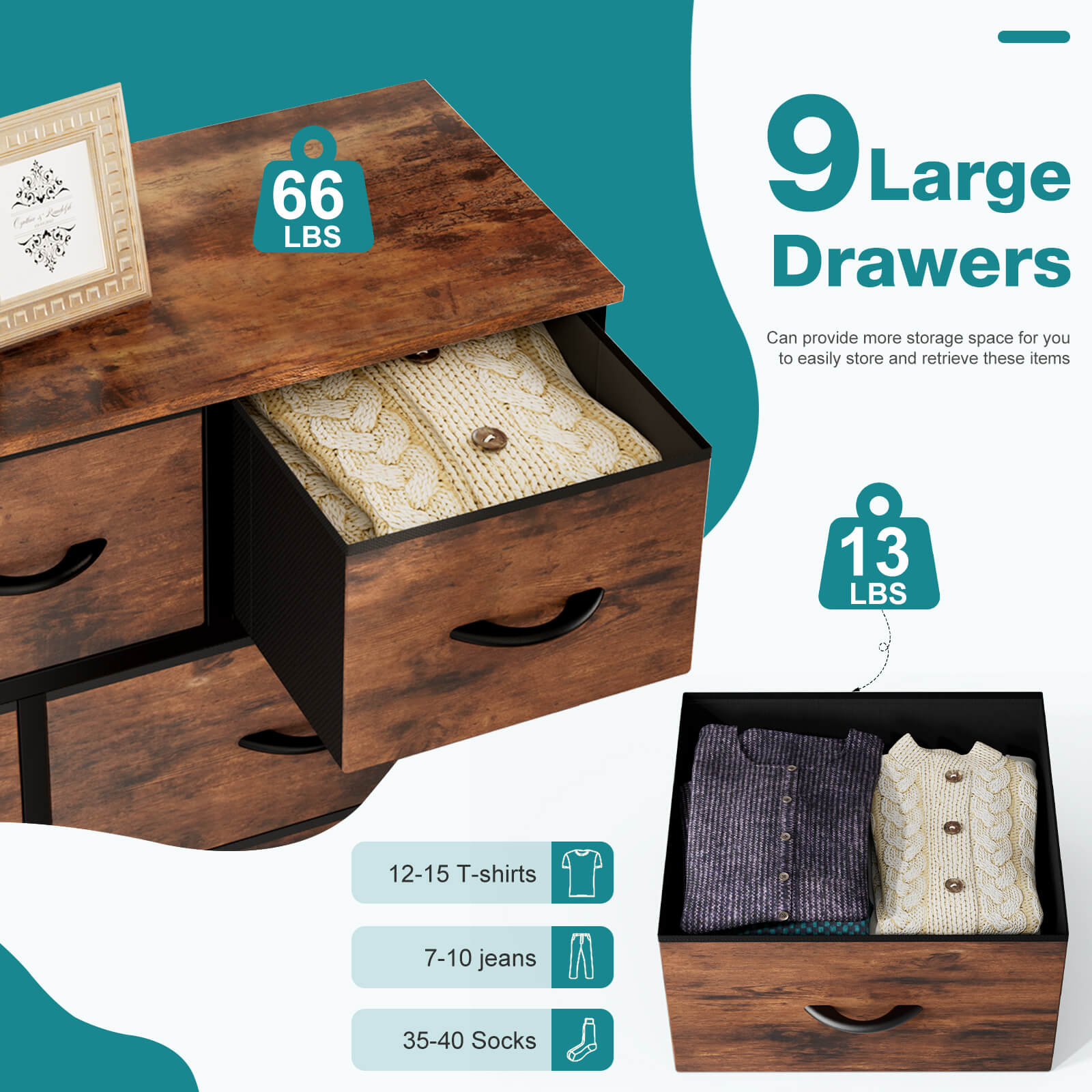 Versatile 9-Drawer Fabric Storage Dresser Chest for Home Organization