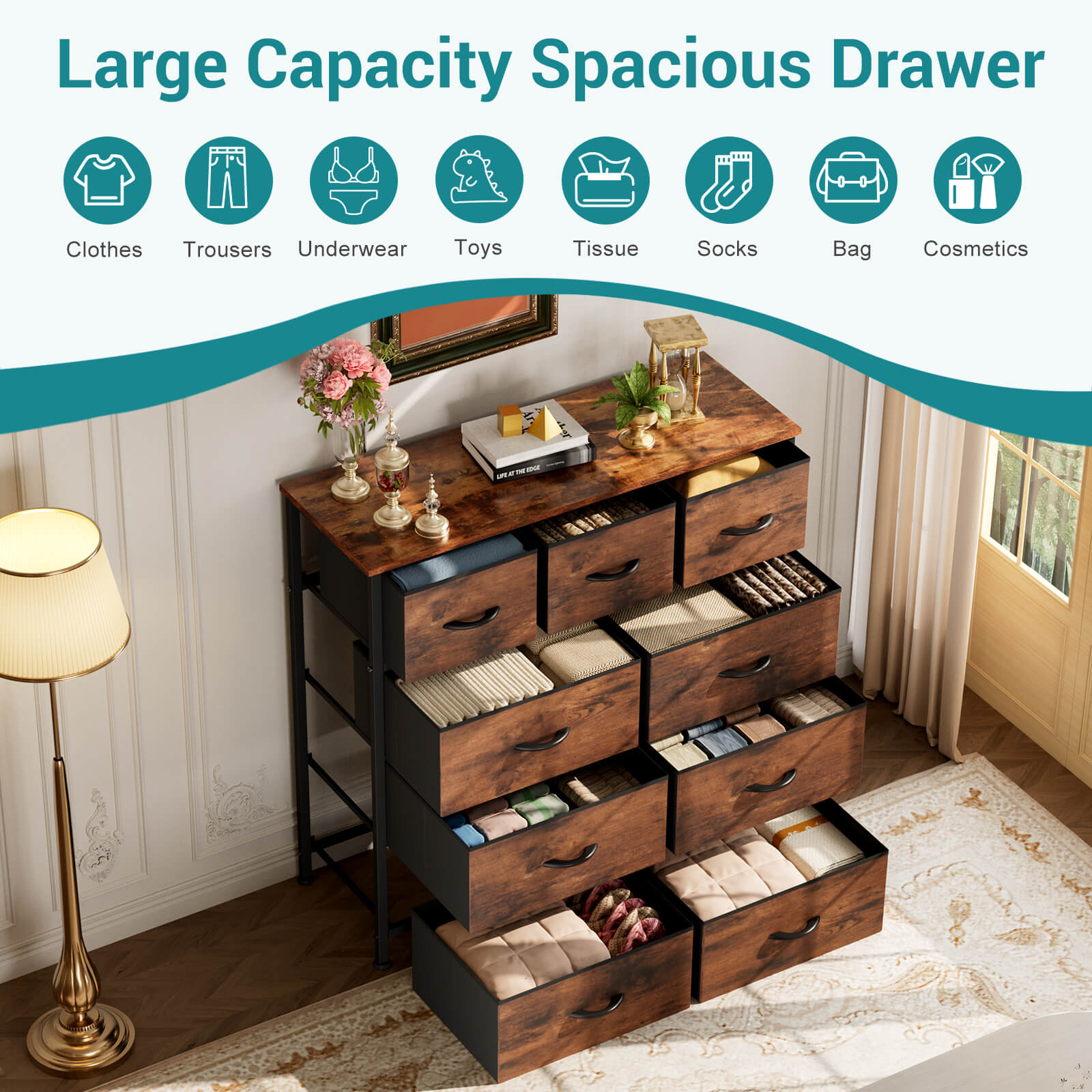 Versatile 9-Drawer Fabric Storage Dresser Chest for Home Organization