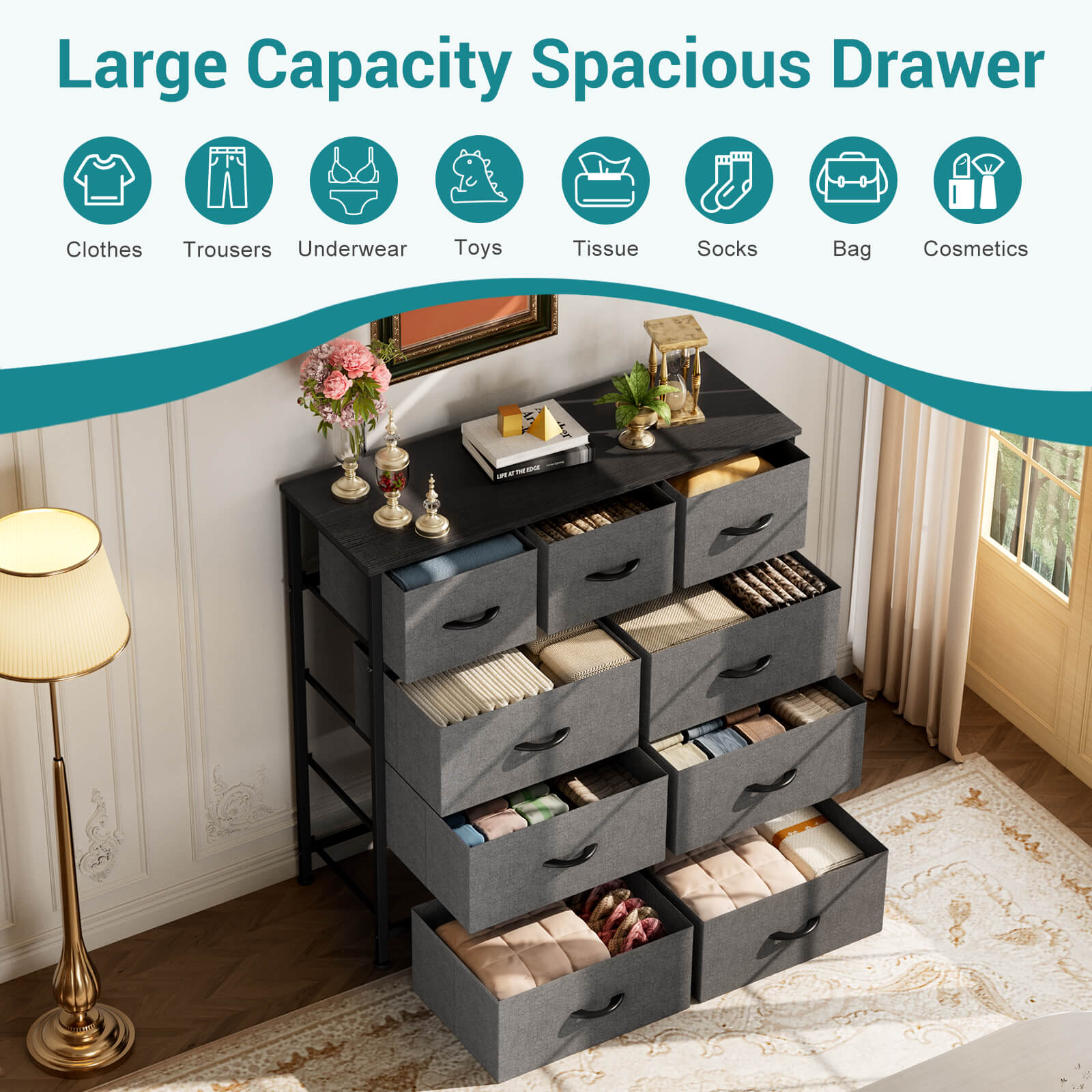 Versatile 9-Drawer Fabric Storage Dresser Chest for Home Organization