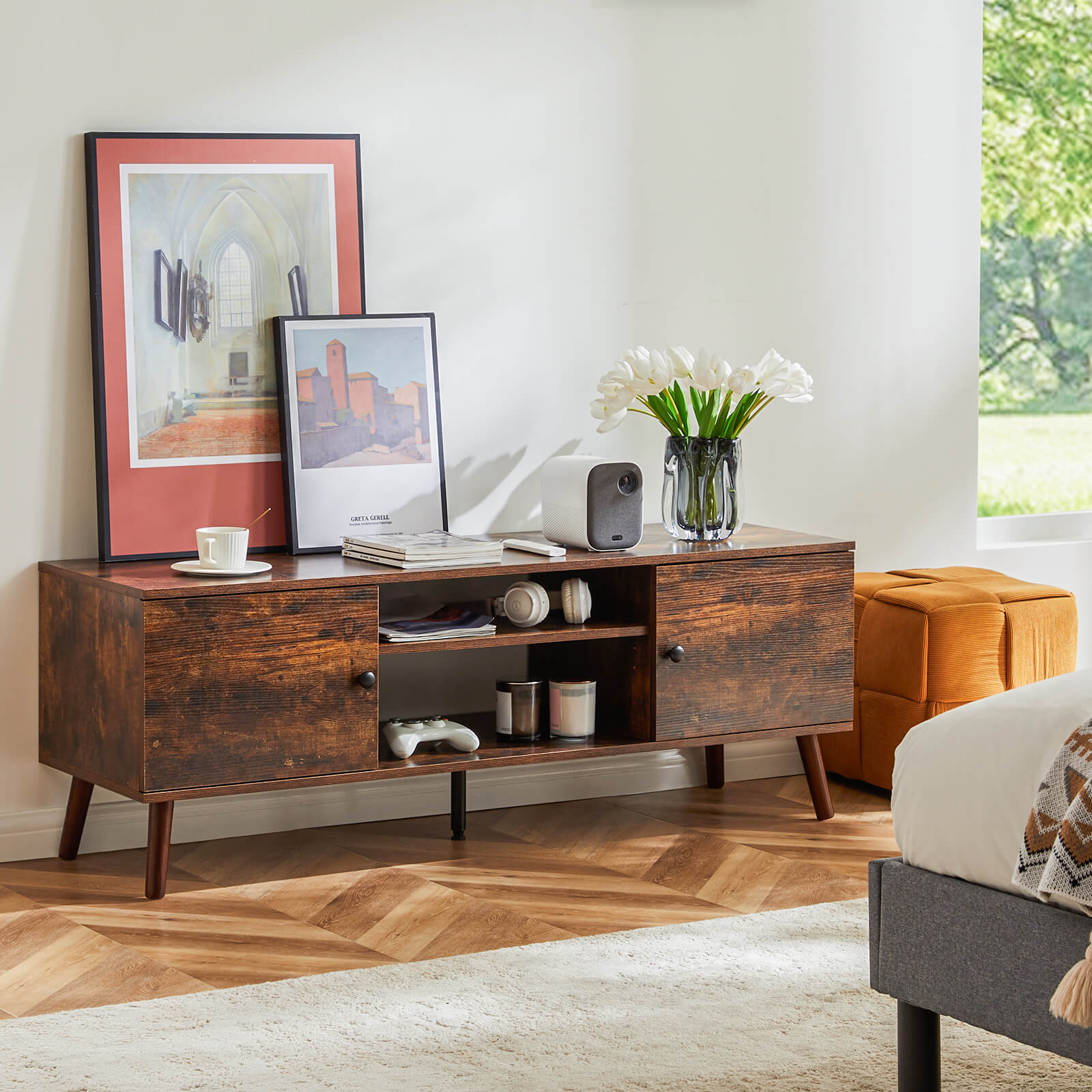 Modern Wooden TV Stand, 60-inch, Adjustable Shelves, Double Storage Cabinets