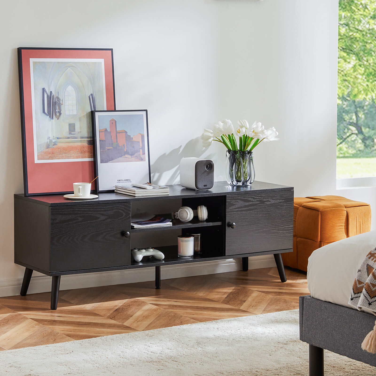 Modern Wooden TV Stand, 60-inch, Adjustable Shelves, Double Storage Cabinets
