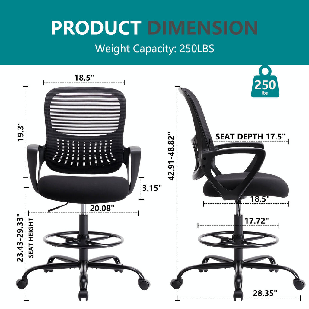 Ergonomic Tall Drafting Office Chair with Adjustable Footrest and Lumbar Support