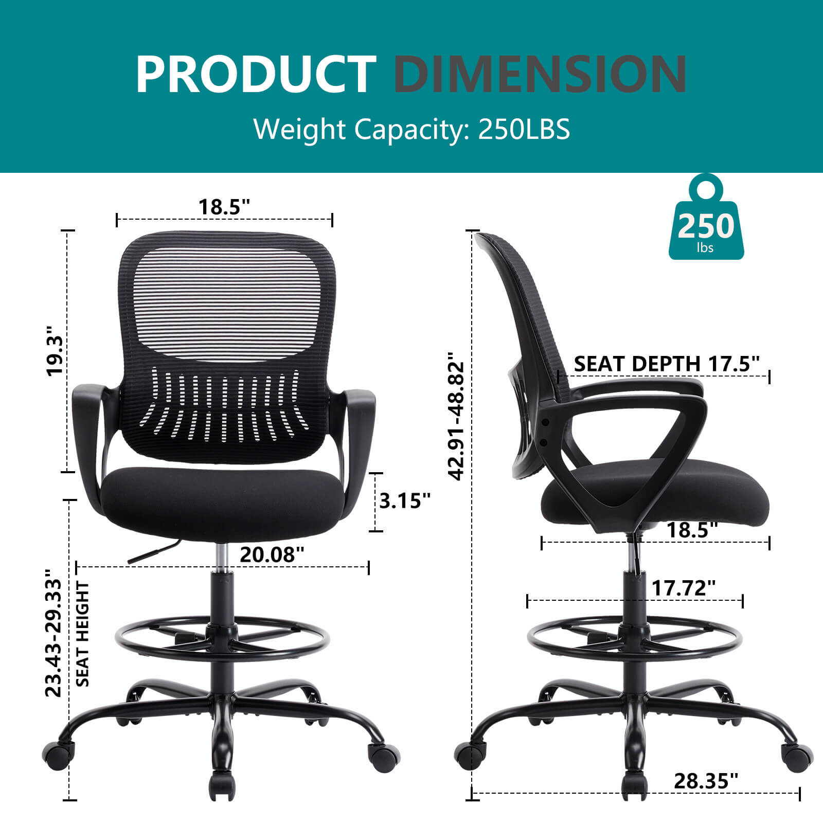 Ergonomic Tall Drafting Office Chair with Adjustable Footrest and Lumbar Support