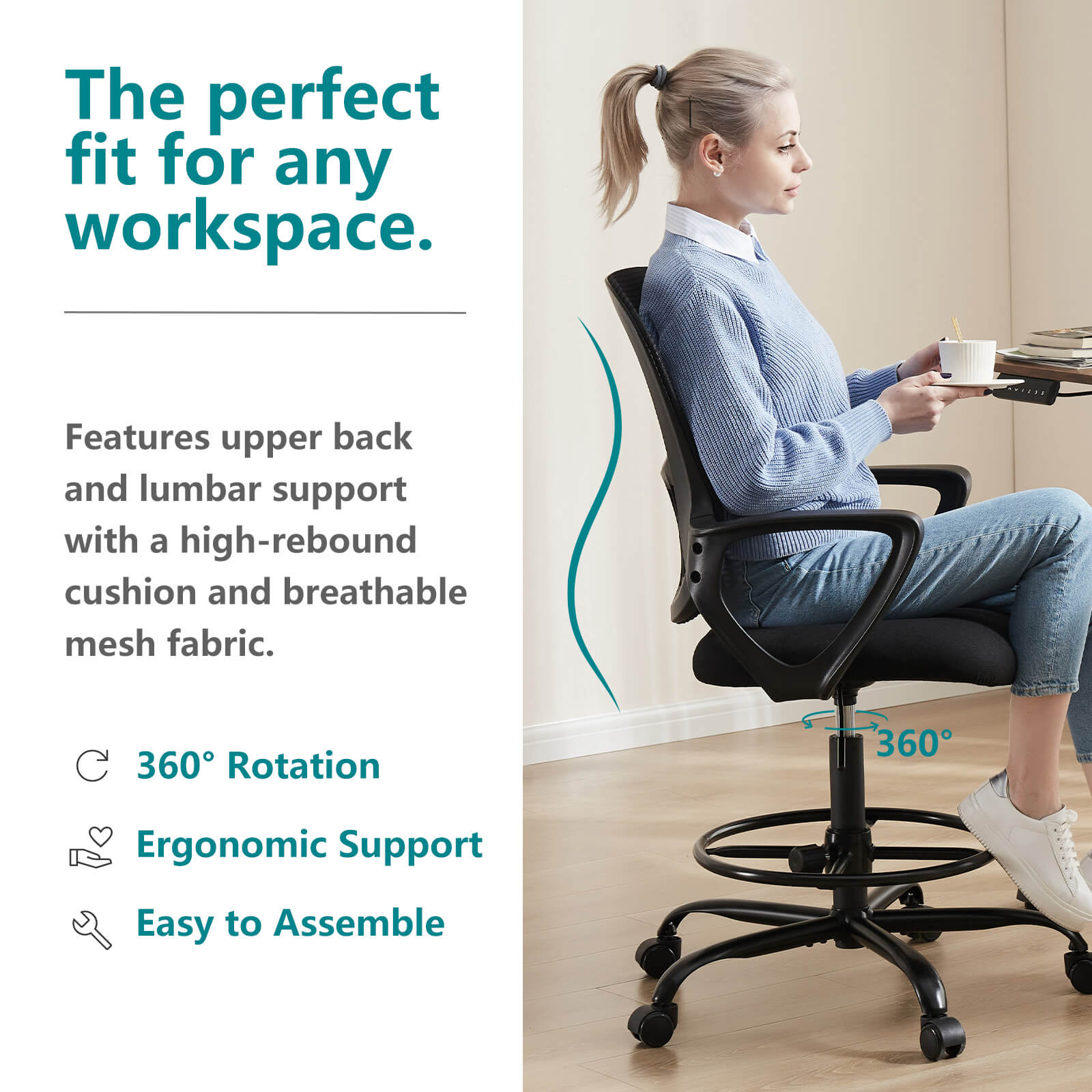 Ergonomic Tall Drafting Office Chair with Adjustable Footrest and Lumbar Support