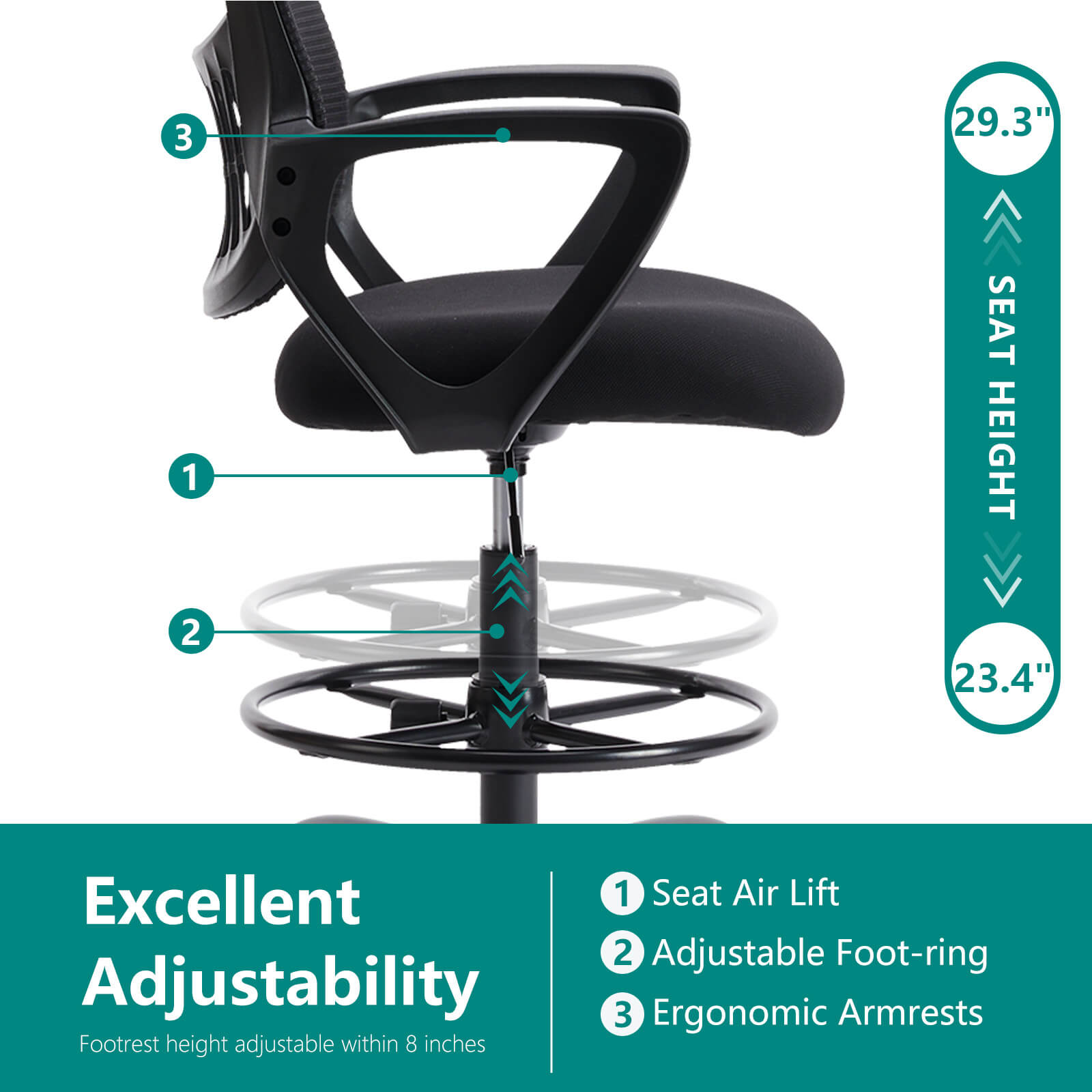 Ergonomic Tall Drafting Office Chair with Adjustable Footrest and Lumbar Support