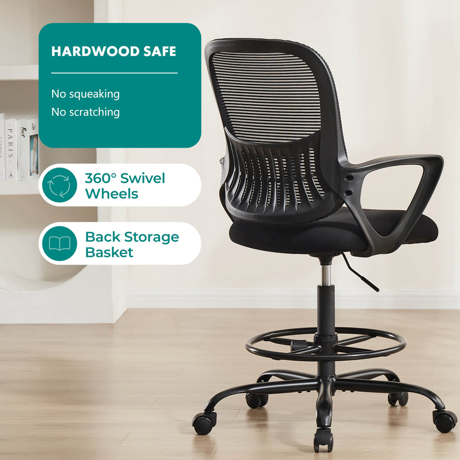 Ergonomic Tall Drafting Office Chair with Adjustable Footrest and Lumbar Support