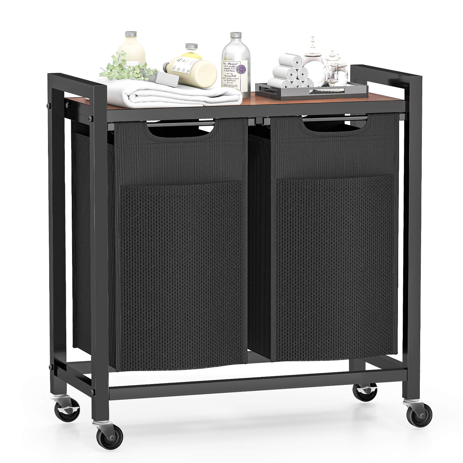 Durable Iron Frame Laundry Hamper with Detachable Bags & Storage Shelf, Rolling Design