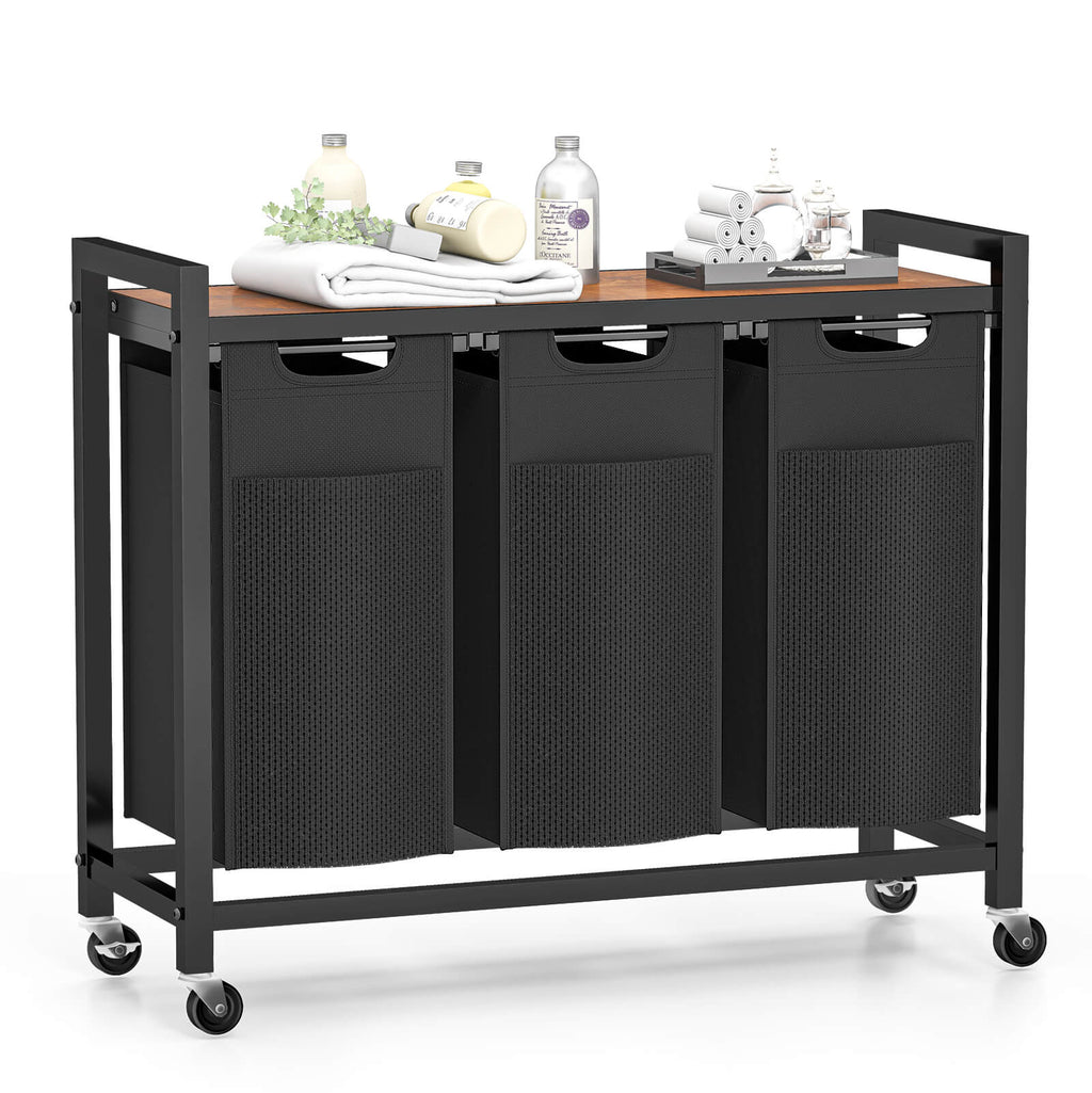 Durable Iron Frame Laundry Hamper with Detachable Bags & Storage Shelf, Rolling Design