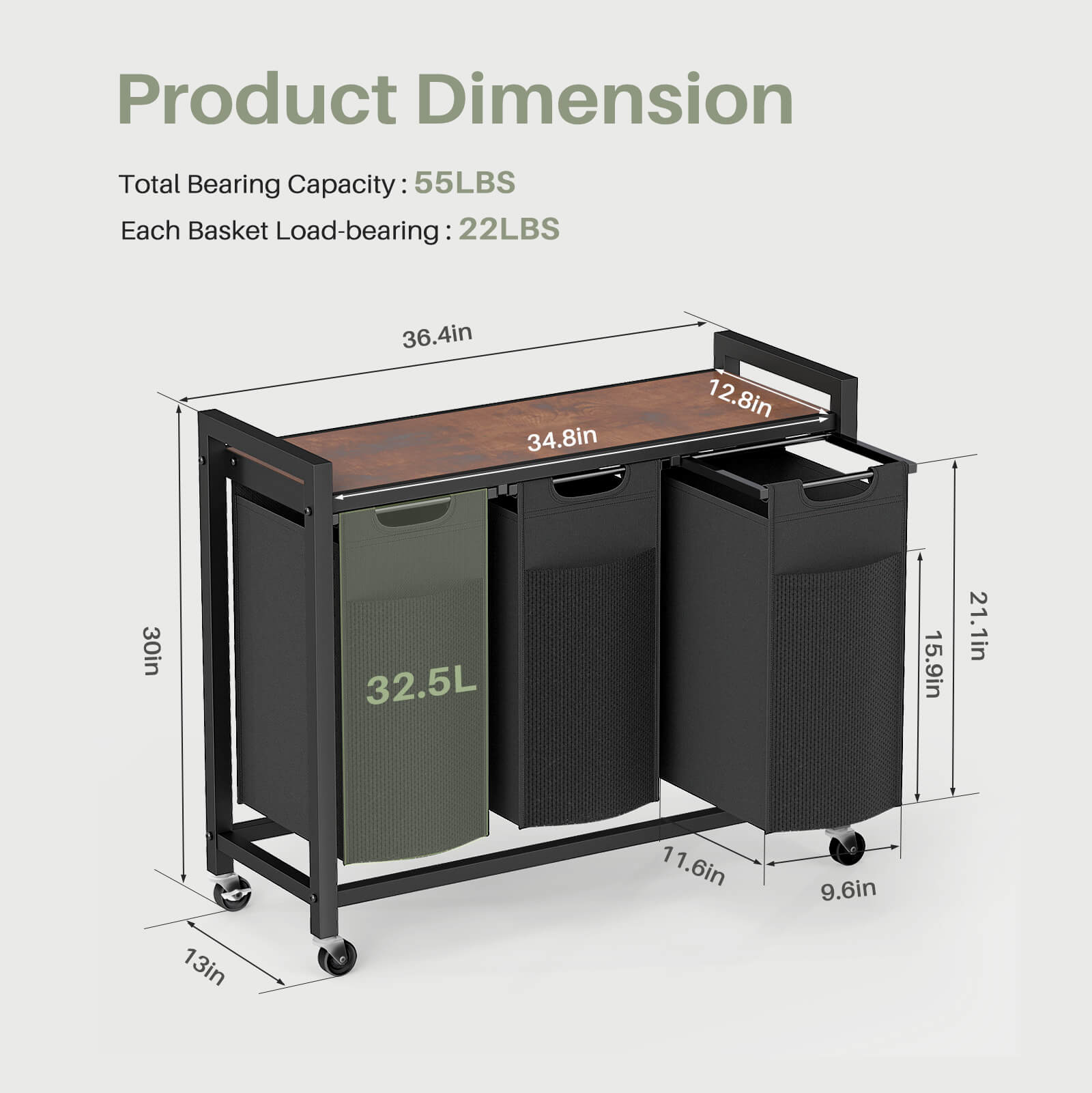 Durable Iron Frame Laundry Hamper with Detachable Bags & Storage Shelf, Rolling Design