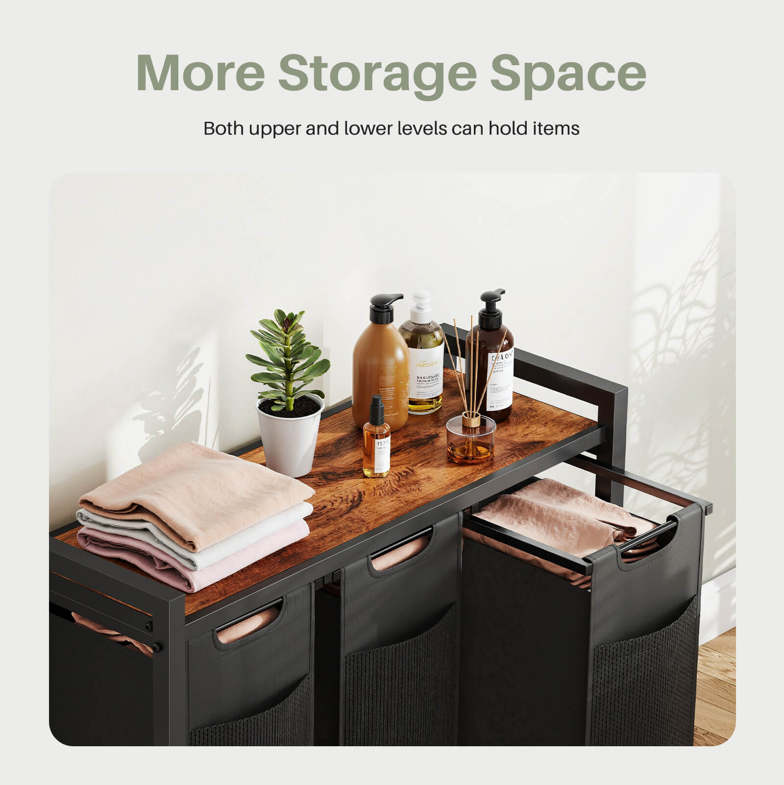 Durable Iron Frame Laundry Hamper with Detachable Bags & Storage Shelf, Rolling Design