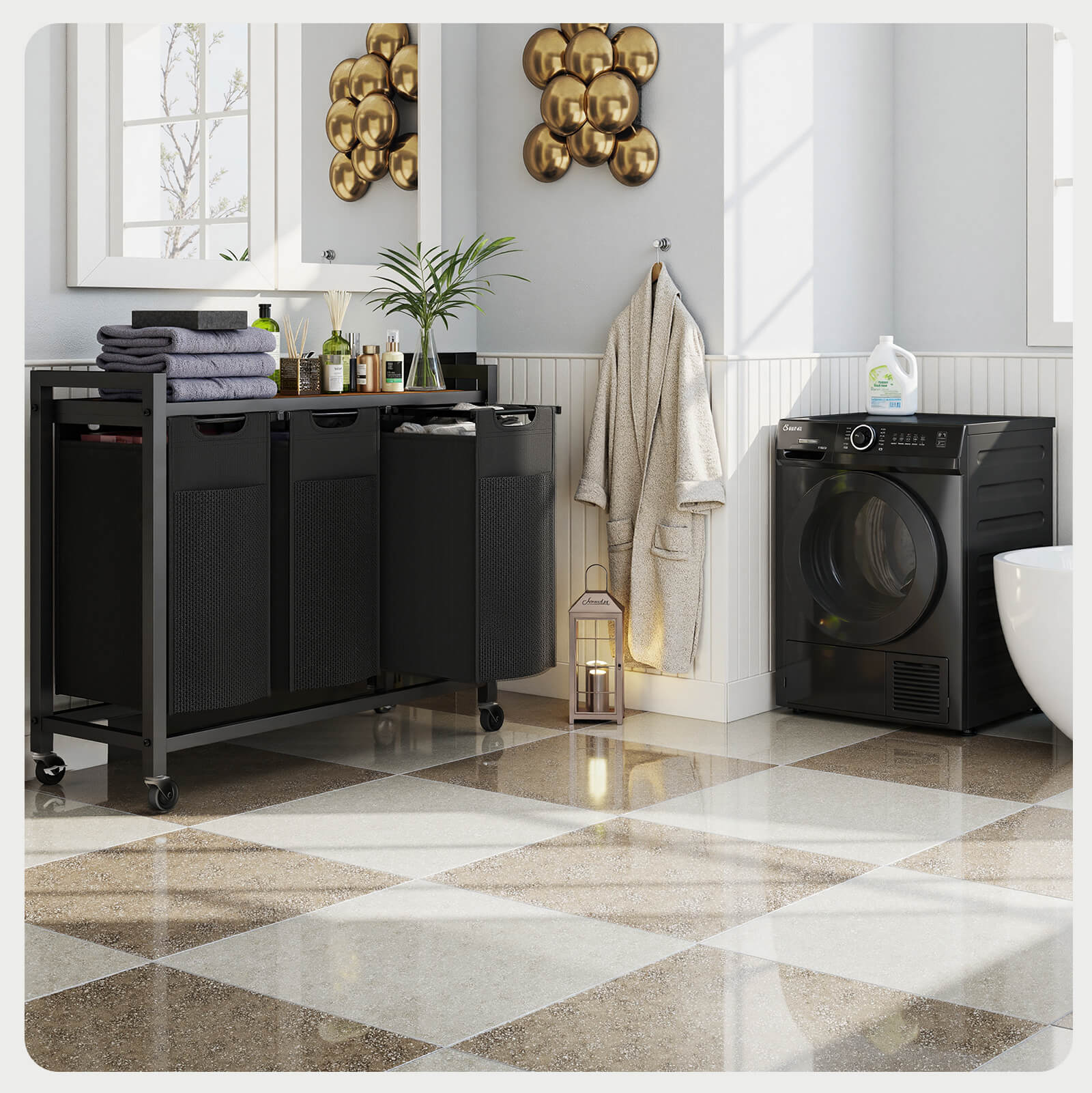 Durable Iron Frame Laundry Hamper with Detachable Bags & Storage Shelf, Rolling Design
