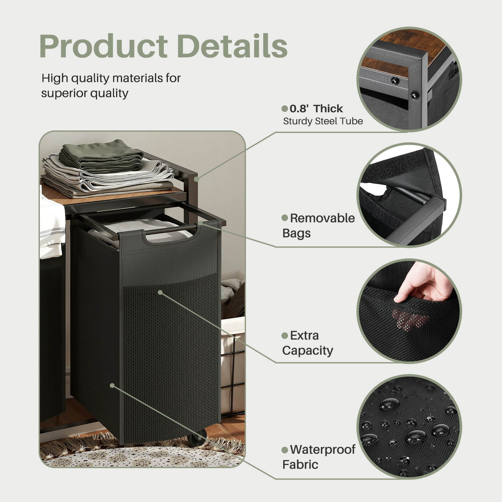 Durable Iron Frame Laundry Hamper with Detachable Bags & Storage Shelf, Rolling Design