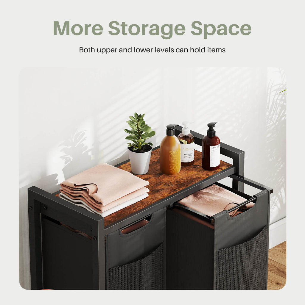 Durable Iron Frame Laundry Hamper with Detachable Bags & Storage Shelf, Rolling Design