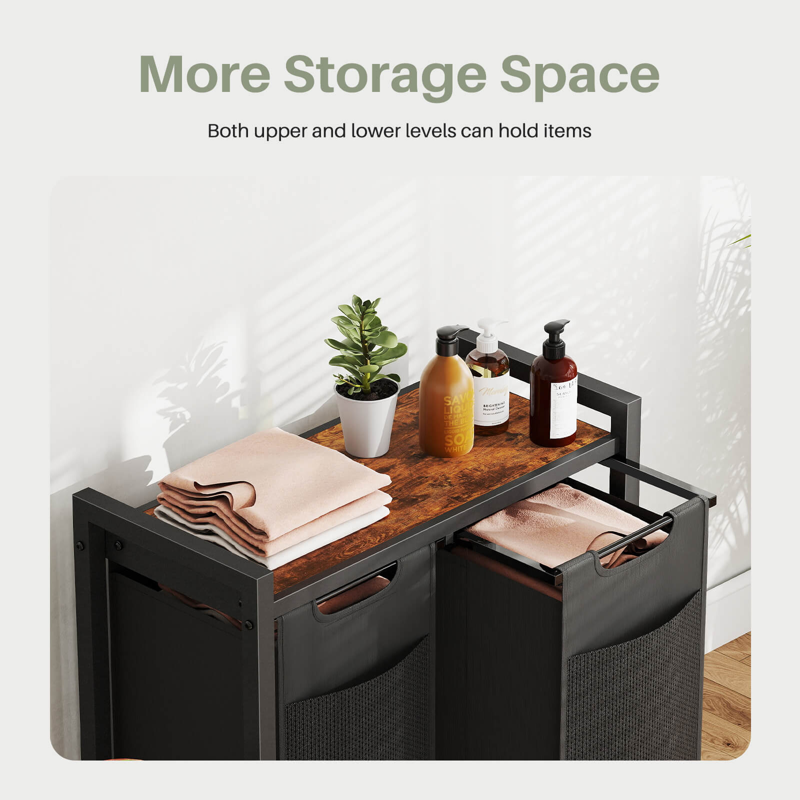 Durable Iron Frame Laundry Hamper with Detachable Bags & Storage Shelf, Rolling Design