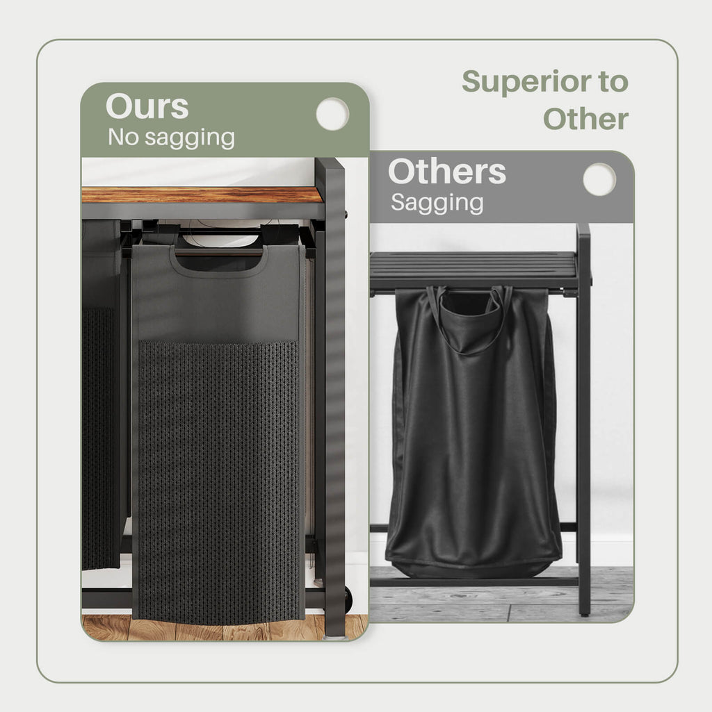 Durable Iron Frame Laundry Hamper with Detachable Bags & Storage Shelf, Rolling Design