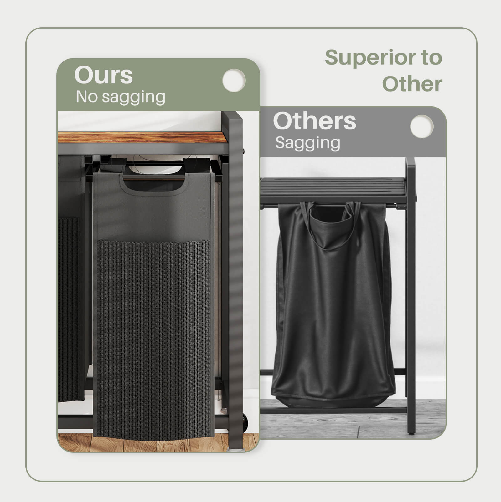Durable Iron Frame Laundry Hamper with Detachable Bags & Storage Shelf, Rolling Design