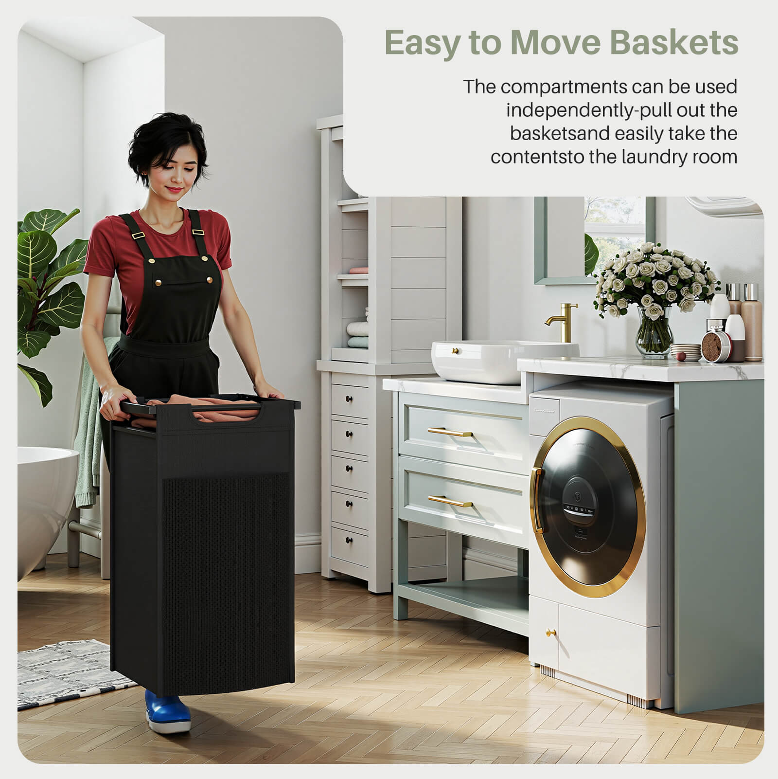Durable Iron Frame Laundry Hamper with Detachable Bags & Storage Shelf, Rolling Design