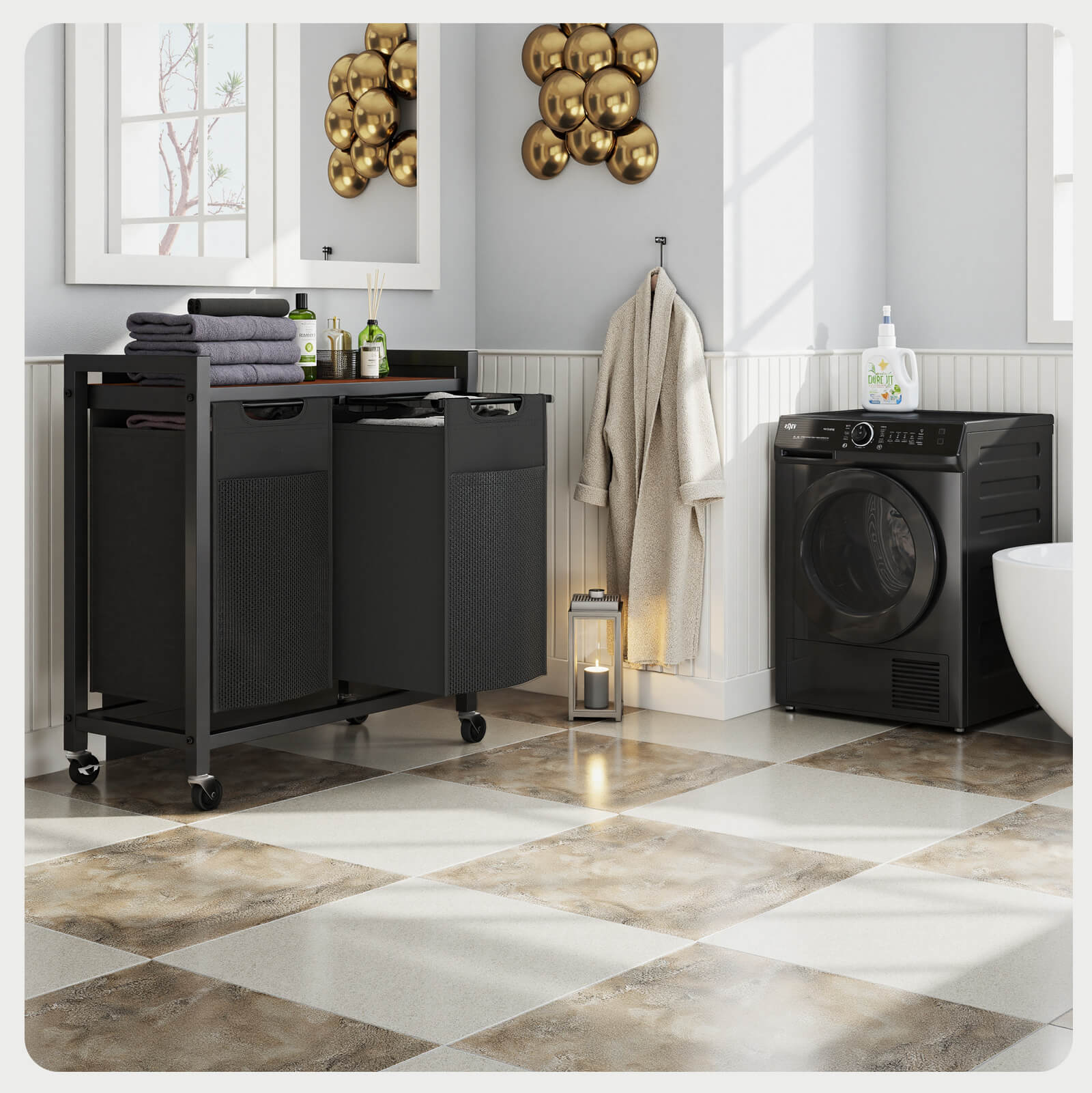 Durable Iron Frame Laundry Hamper with Detachable Bags & Storage Shelf, Rolling Design