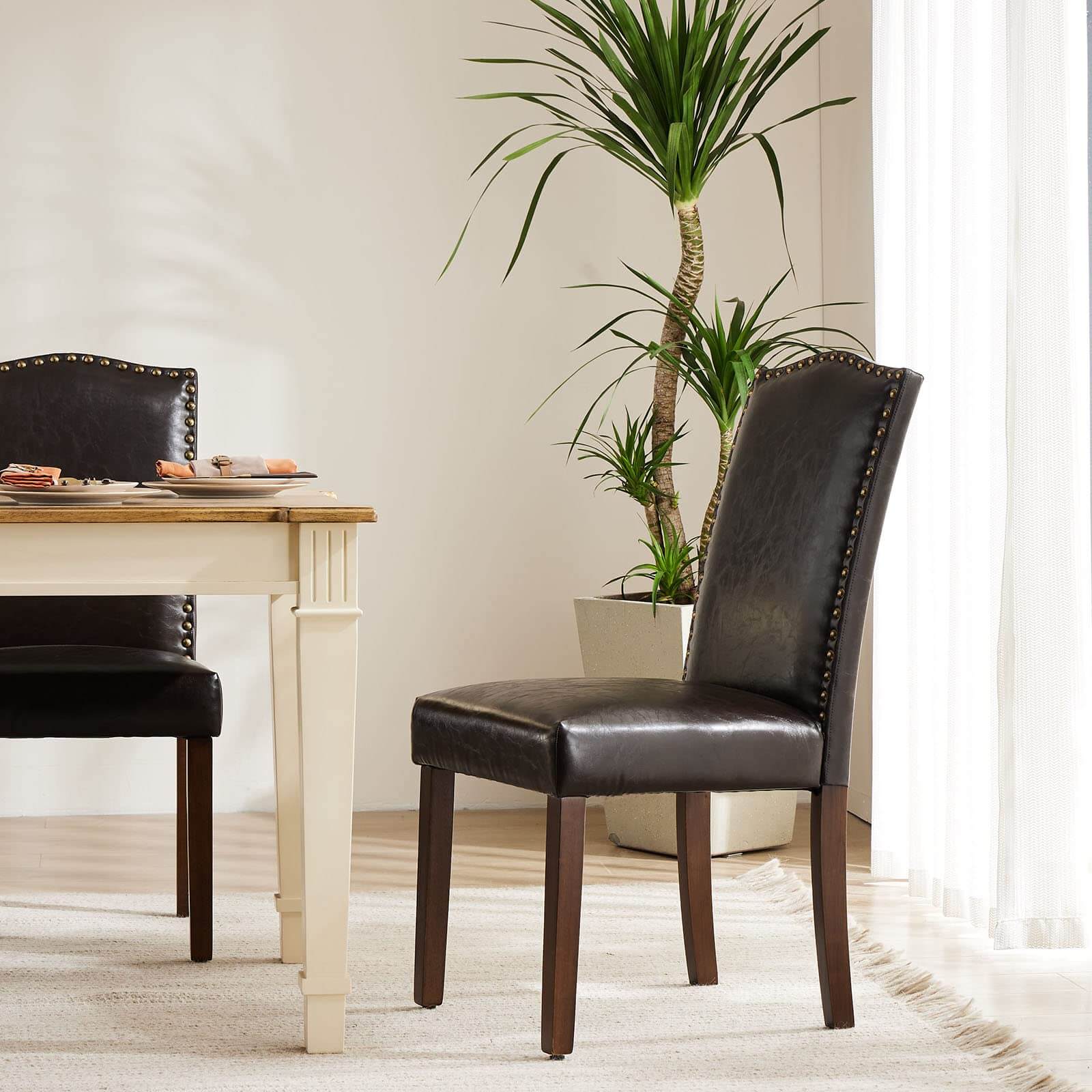Elegant Modern Armless Dining Chairs with Leather Cushion, Sturdy Rubberwood Legs