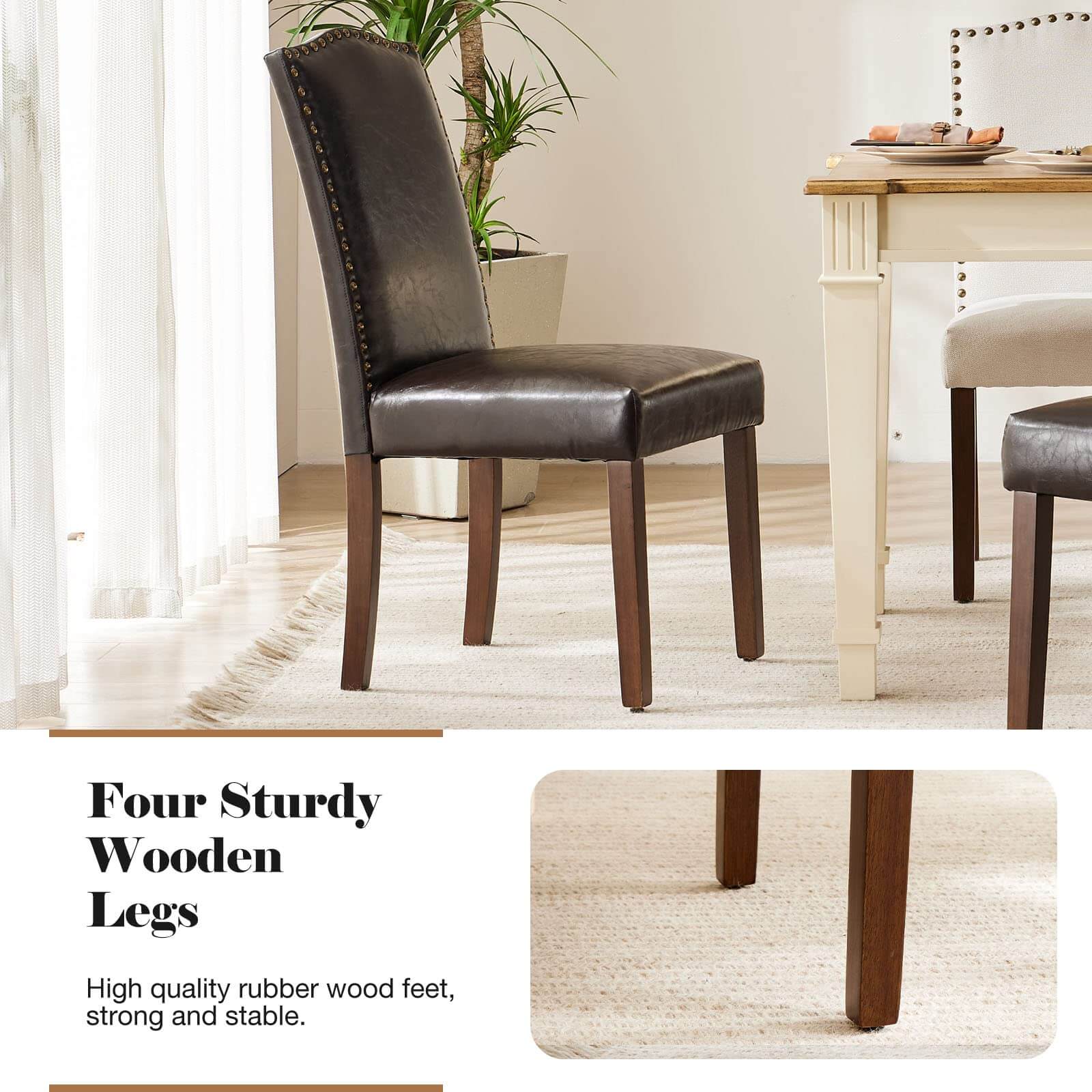 Elegant Modern Armless Dining Chairs with Leather Cushion, Sturdy Rubberwood Legs