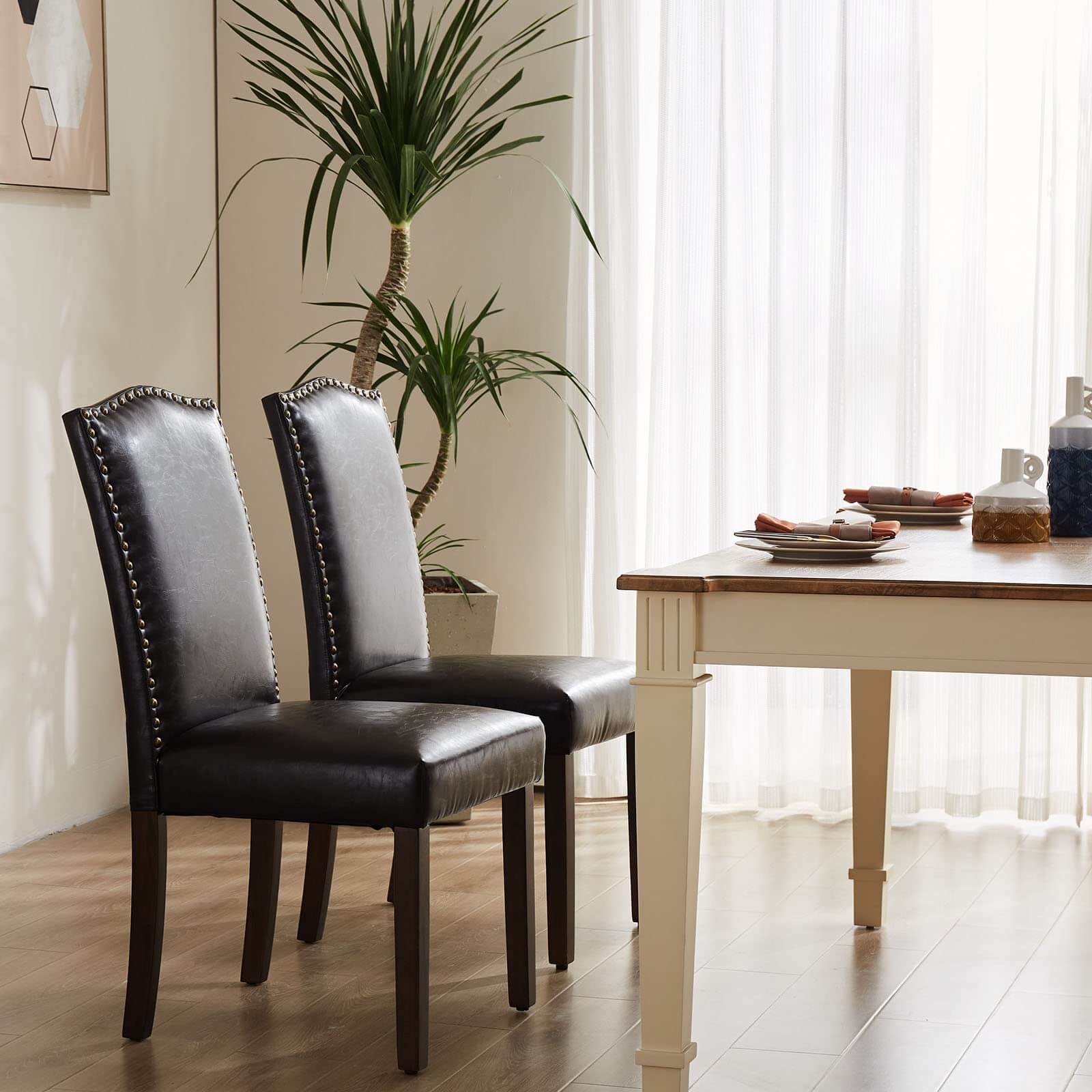 Elegant Modern Armless Dining Chairs with Leather Cushion, Sturdy Rubberwood Legs