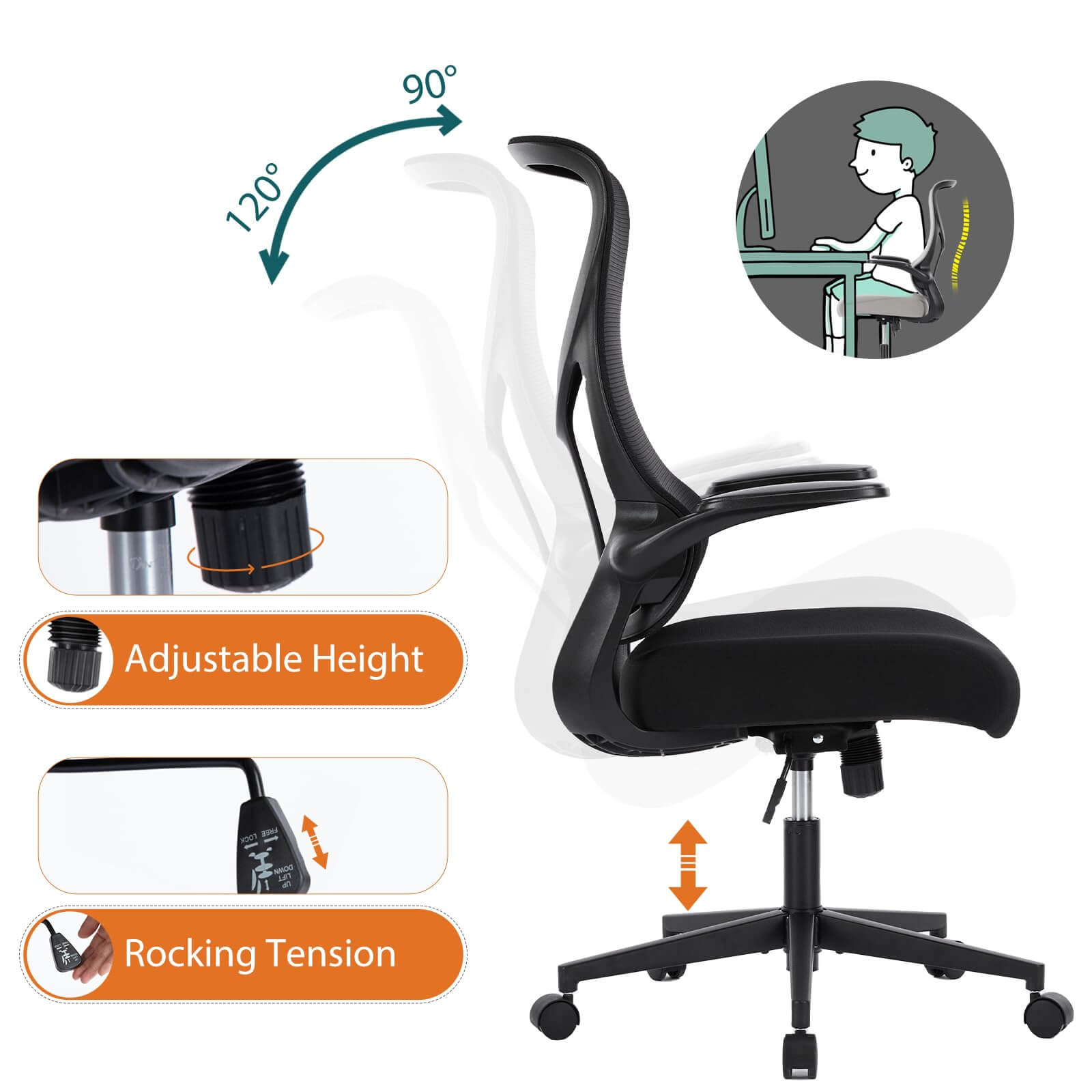 Ergonomic Mesh Office Chair with Flip-Up Arms, Adjustable Height, Lumbar Support
