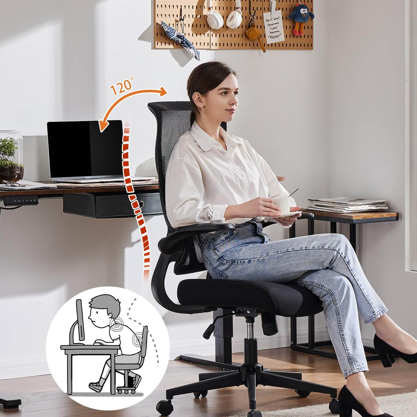 Ergonomic Mesh Office Chair with Flip-Up Arms, Adjustable Height, Lumbar Support