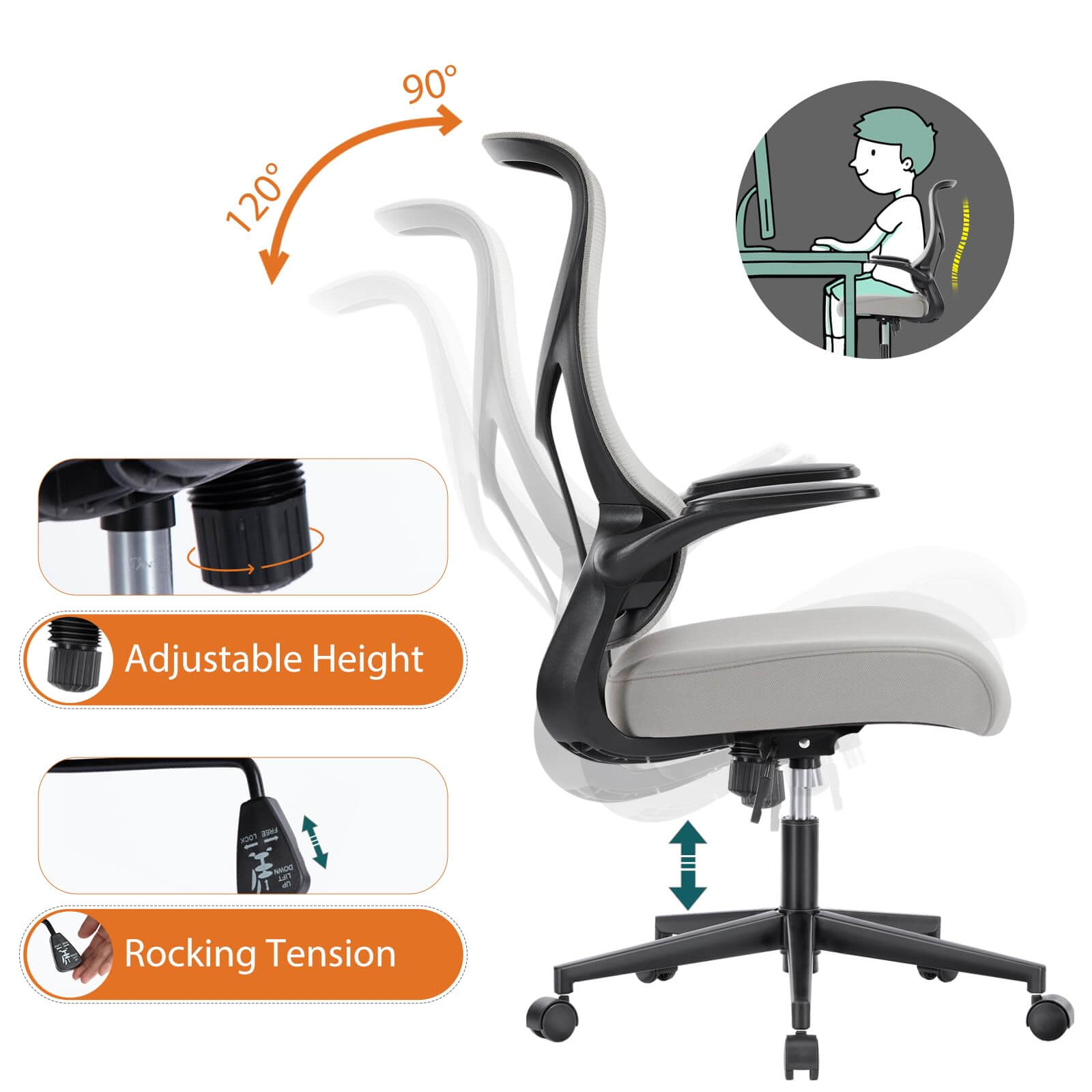 Ergonomic Mesh Office Chair with Flip-Up Arms, Adjustable Height, Lumbar Support