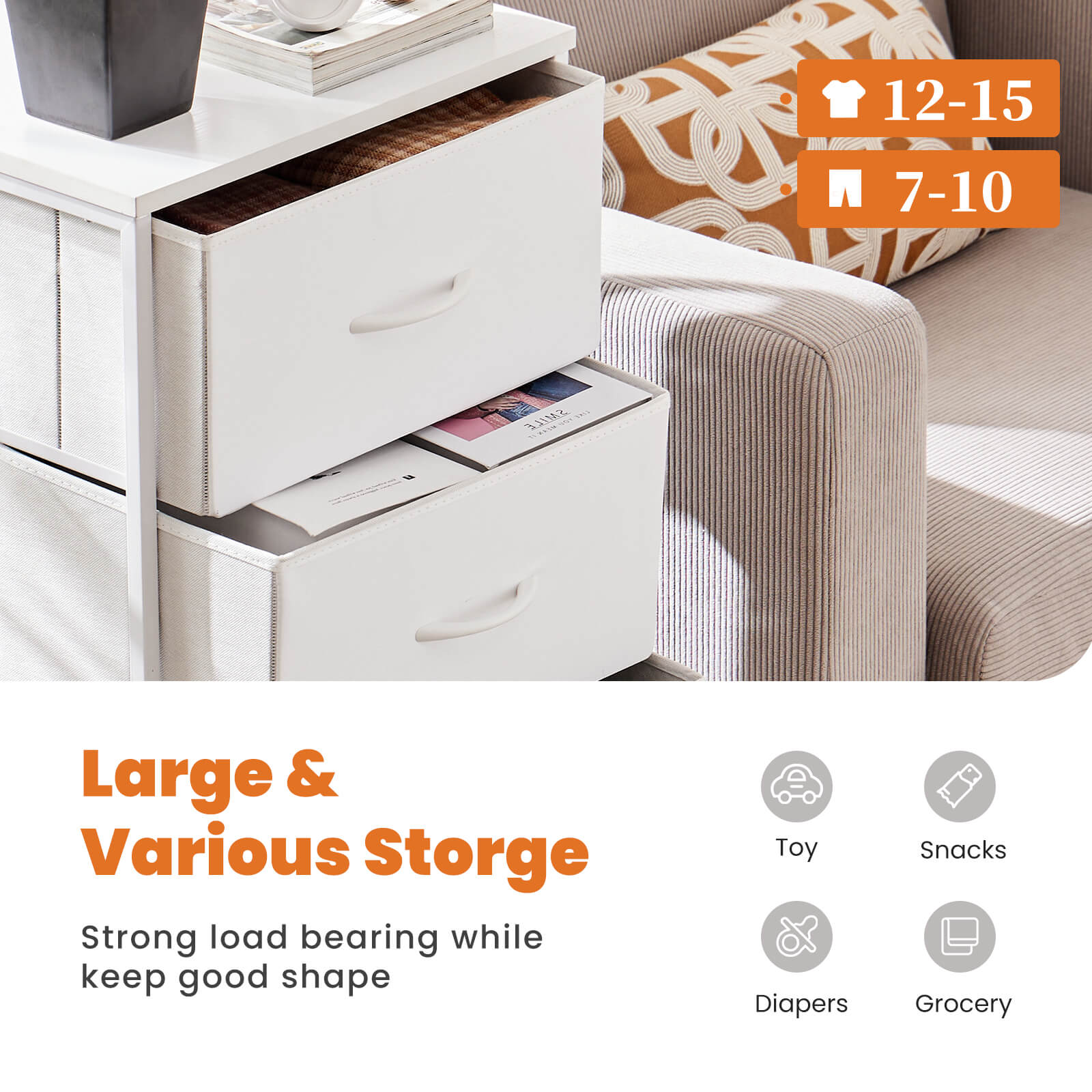 Compact 5-Drawer Fabric Dresser with Wood Top, Strong Metal Frame