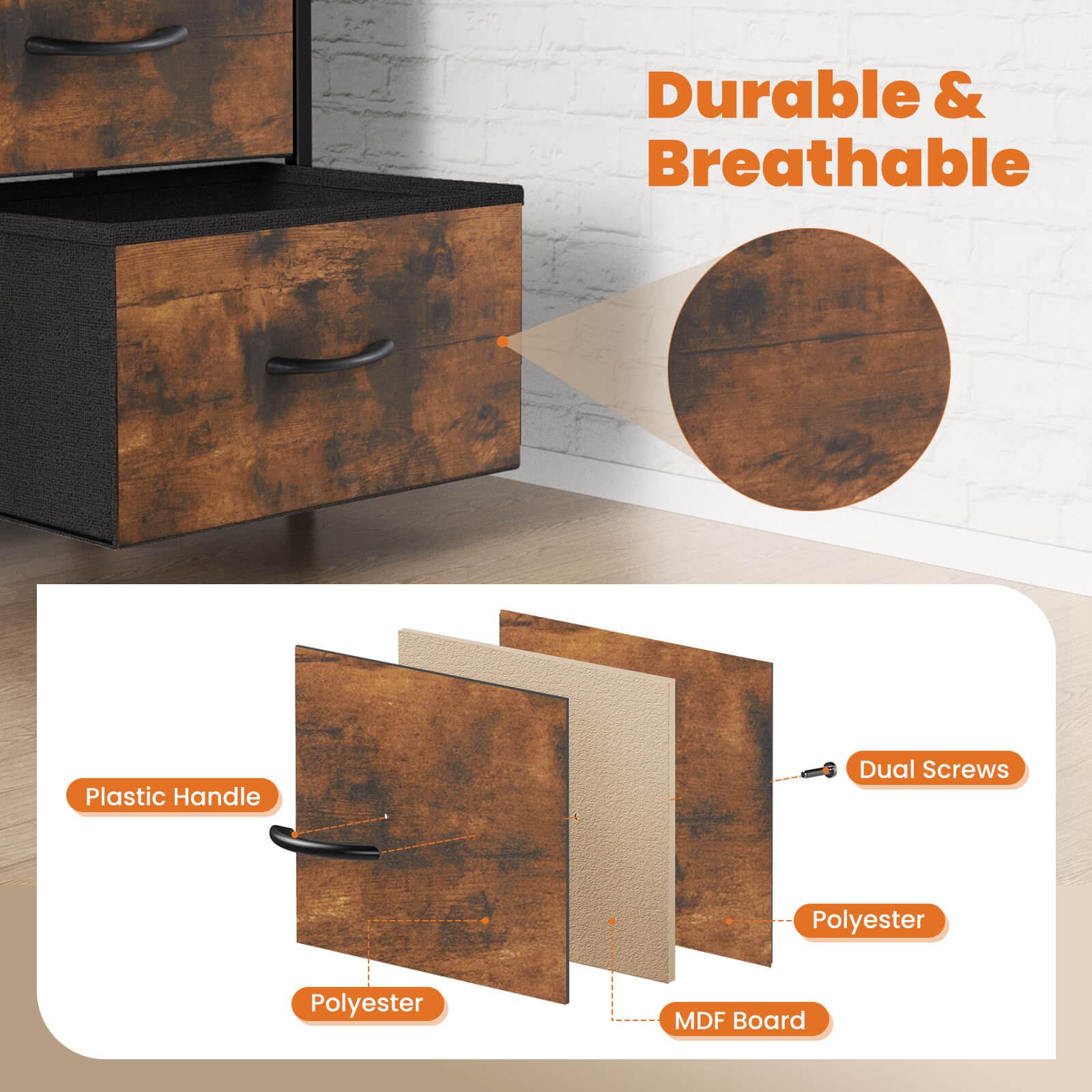 Compact 5-Drawer Fabric Dresser with Wood Top, Strong Metal Frame
