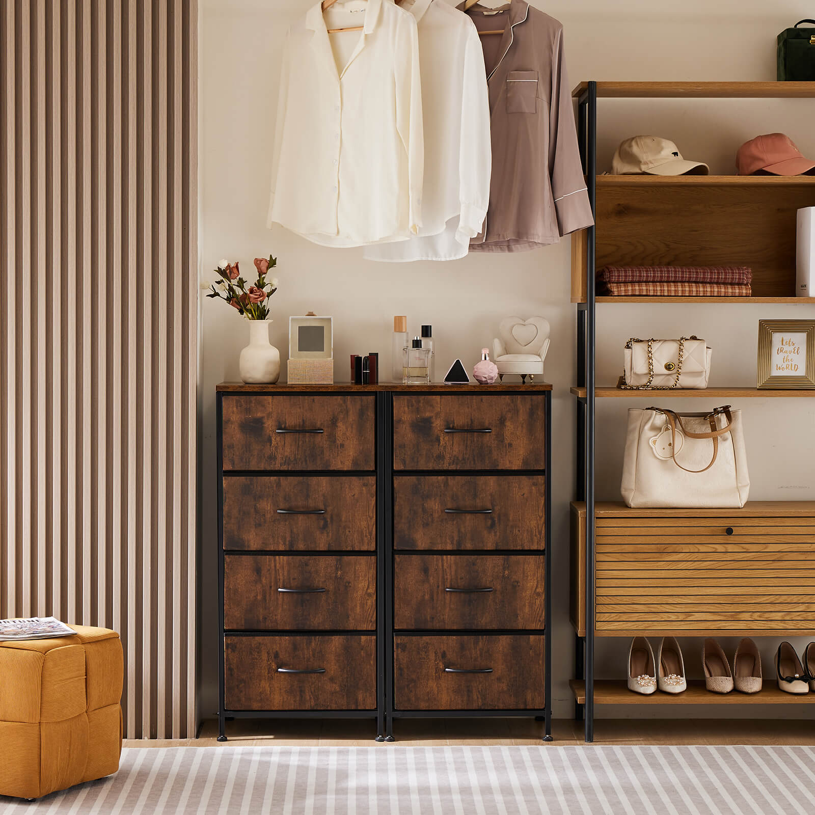 Compact 5-Drawer Fabric Dresser with Wood Top, Strong Metal Frame