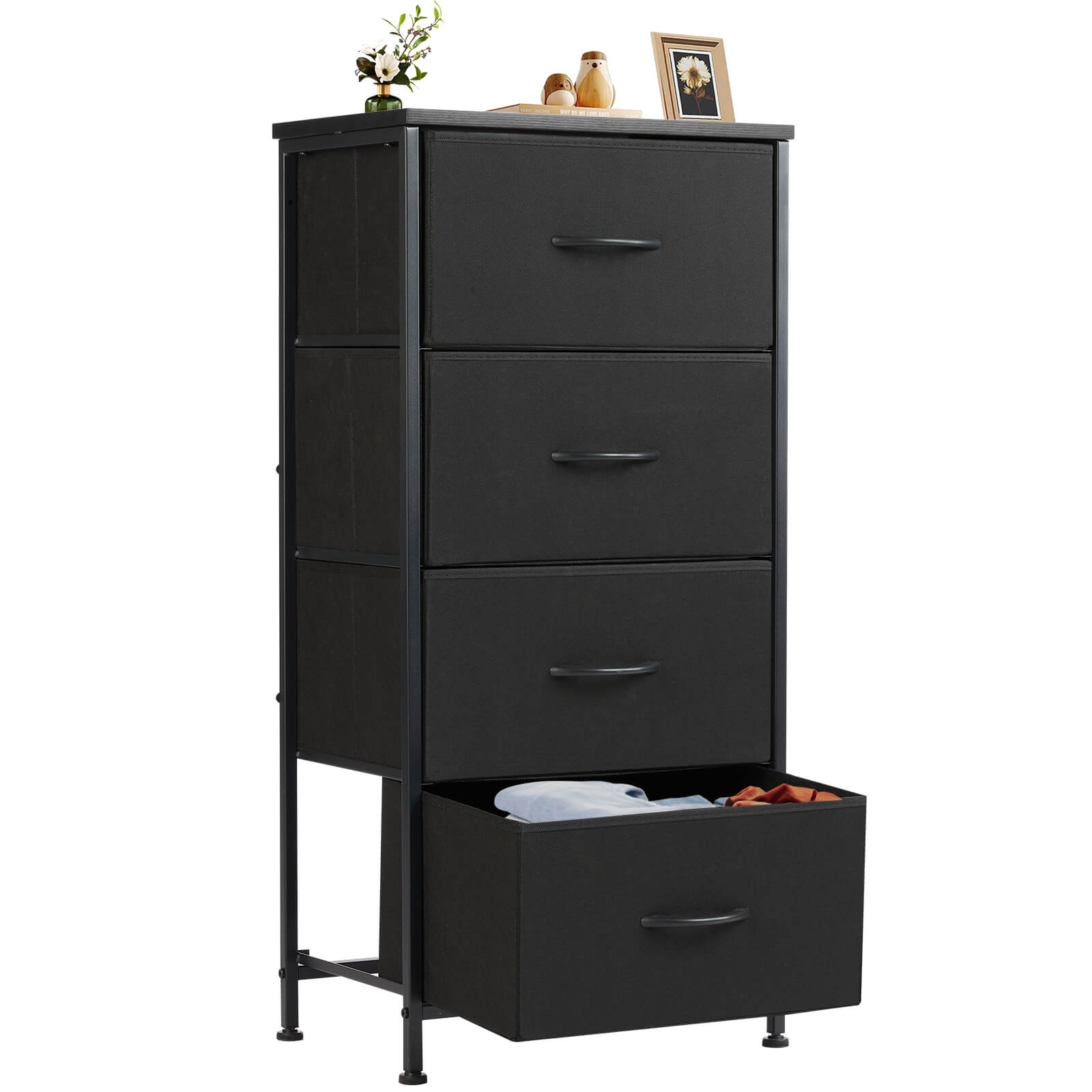 Compact 5-Drawer Fabric Dresser with Wood Top, Strong Metal Frame