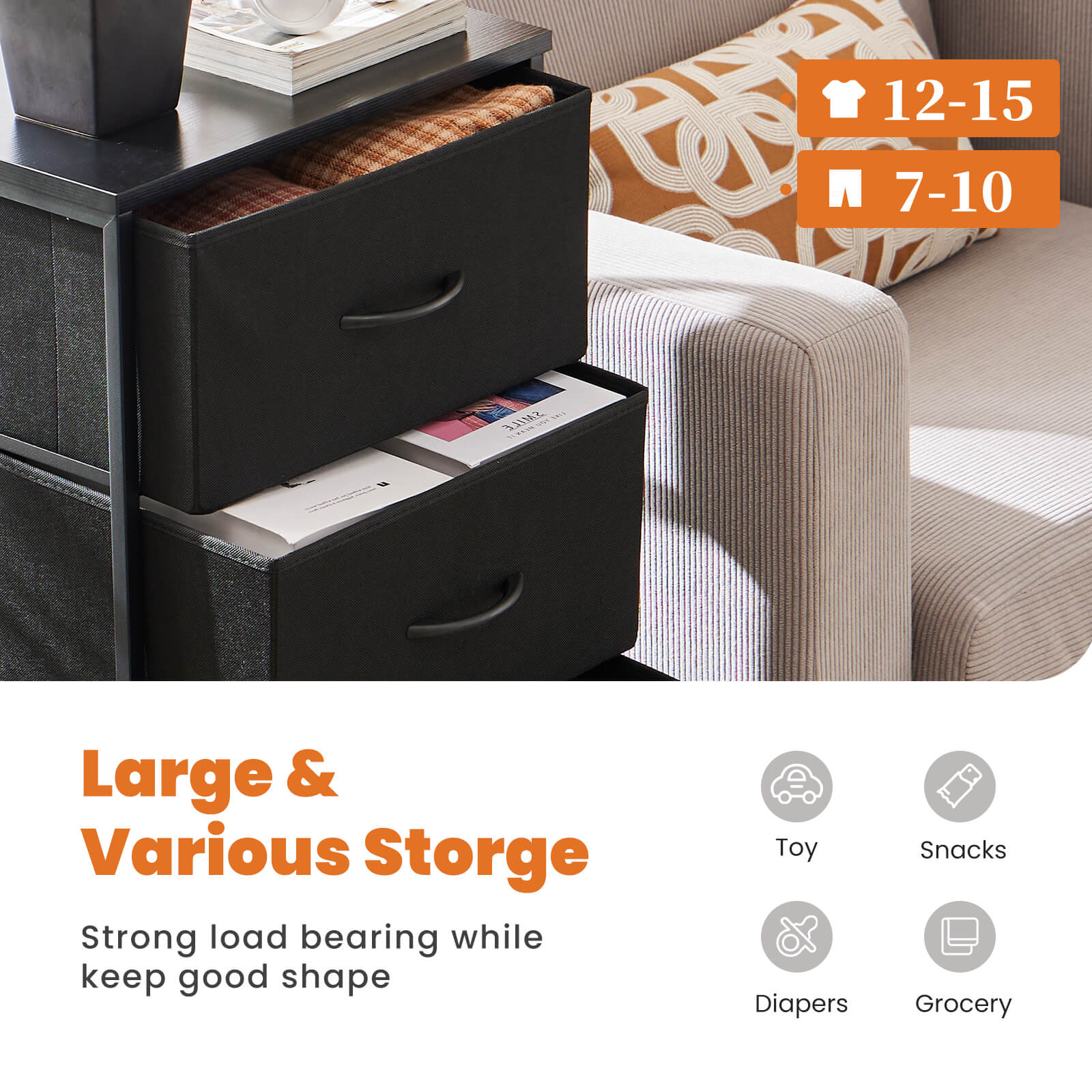 Compact 5-Drawer Fabric Dresser with Wood Top, Strong Metal Frame