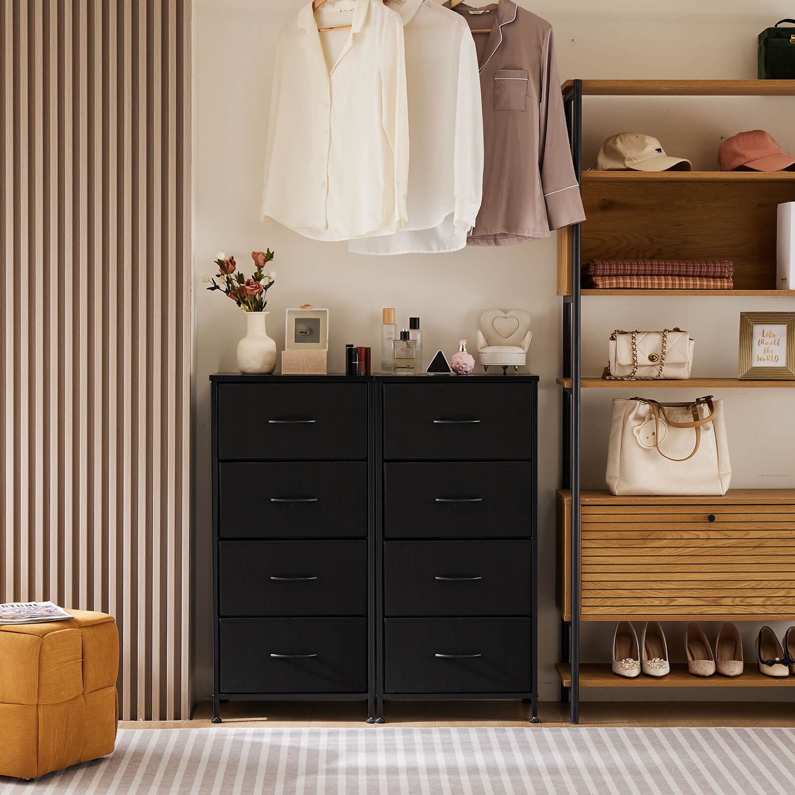 Compact 5-Drawer Fabric Dresser with Wood Top, Strong Metal Frame