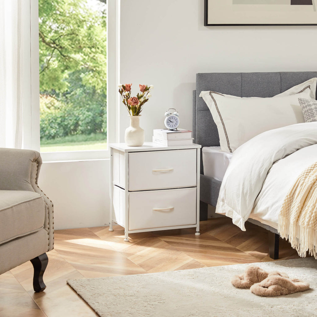 Compact 5-Drawer Fabric Dresser with Wood Top, Strong Metal Frame