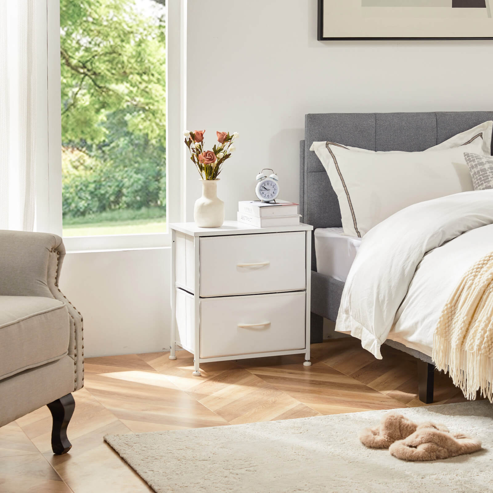 Compact 5-Drawer Fabric Dresser with Wood Top, Strong Metal Frame