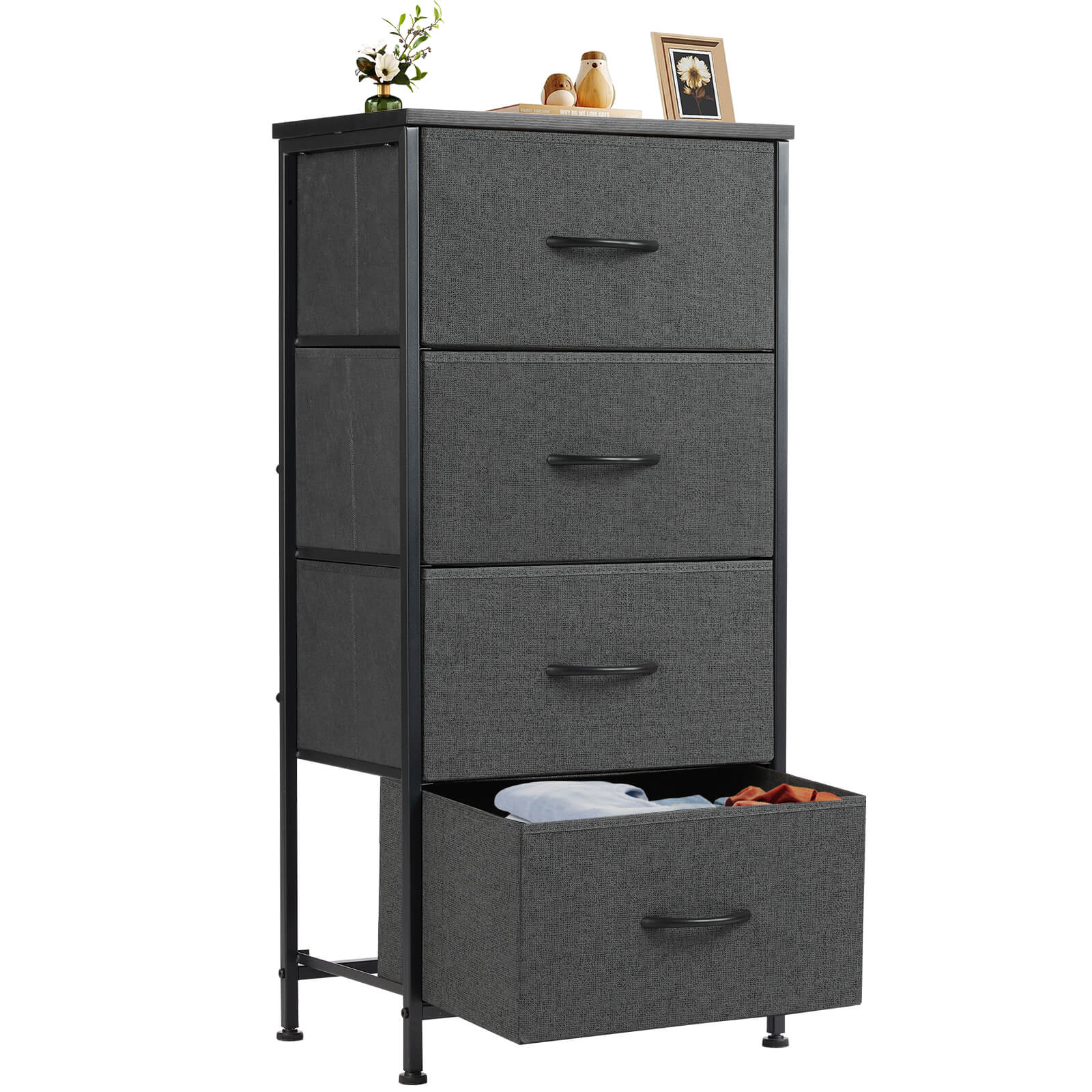 Compact 5-Drawer Fabric Dresser with Wood Top, Strong Metal Frame