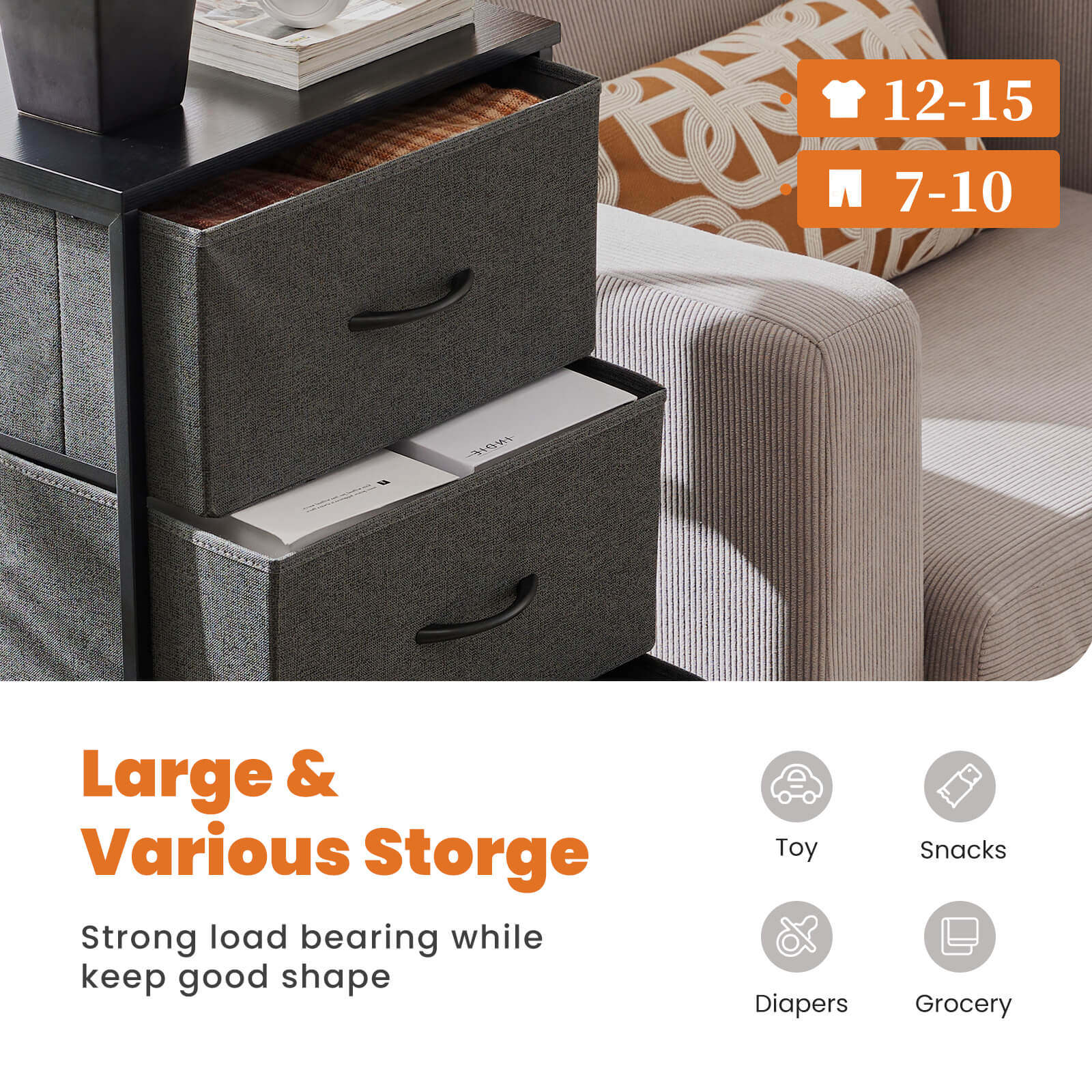 Compact 5-Drawer Fabric Dresser with Wood Top, Strong Metal Frame