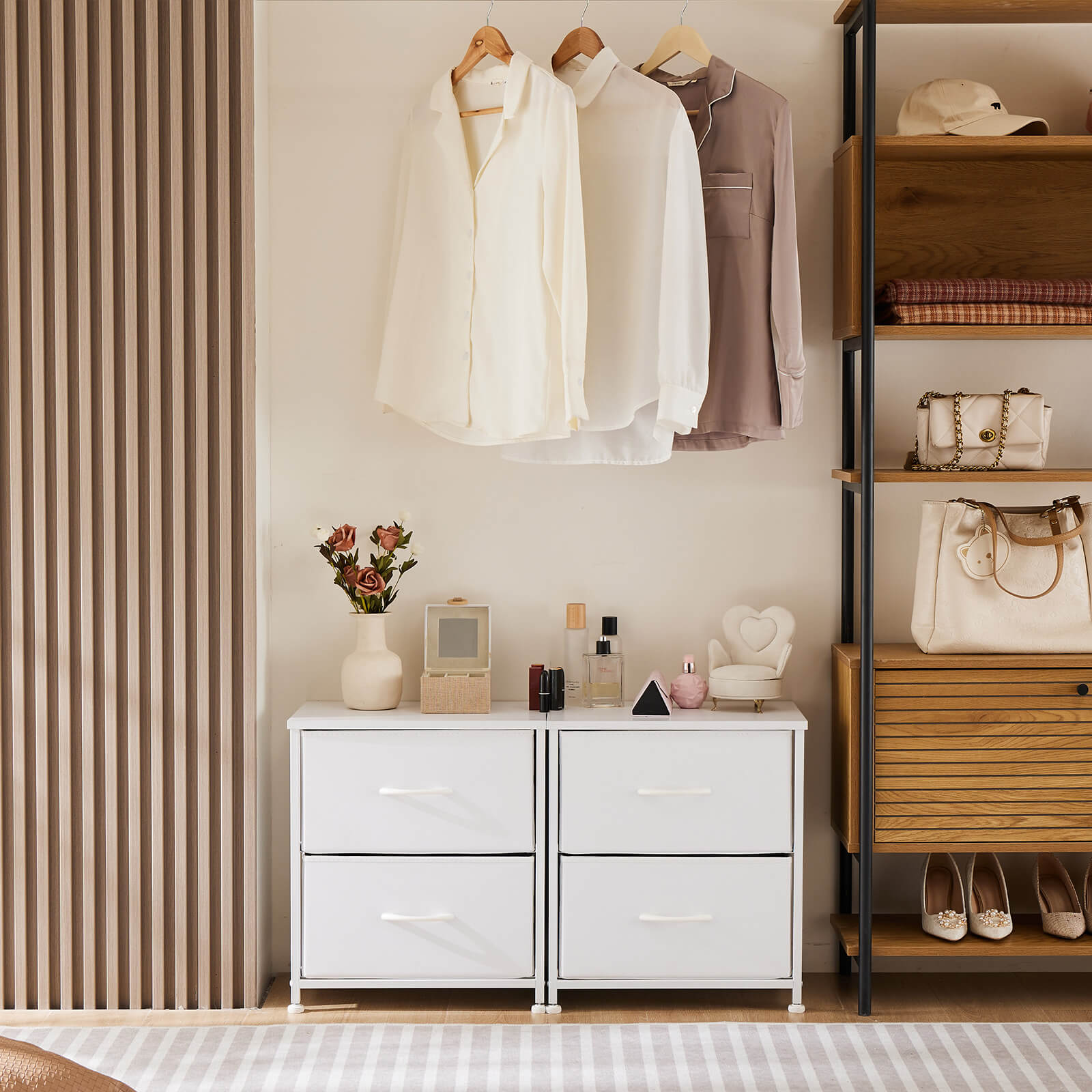 Compact 5-Drawer Fabric Dresser with Wood Top, Strong Metal Frame