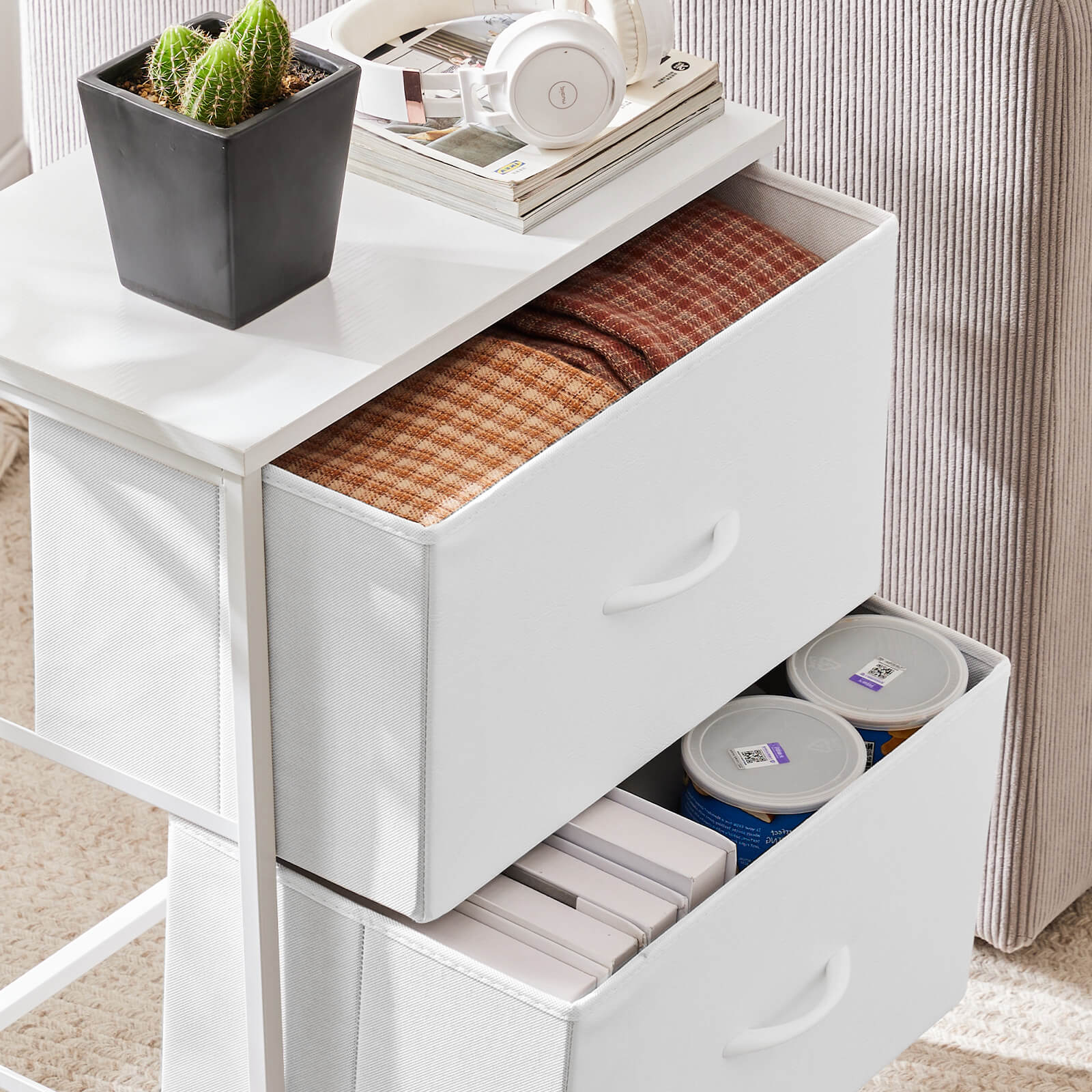 Compact 5-Drawer Fabric Dresser with Wood Top, Strong Metal Frame