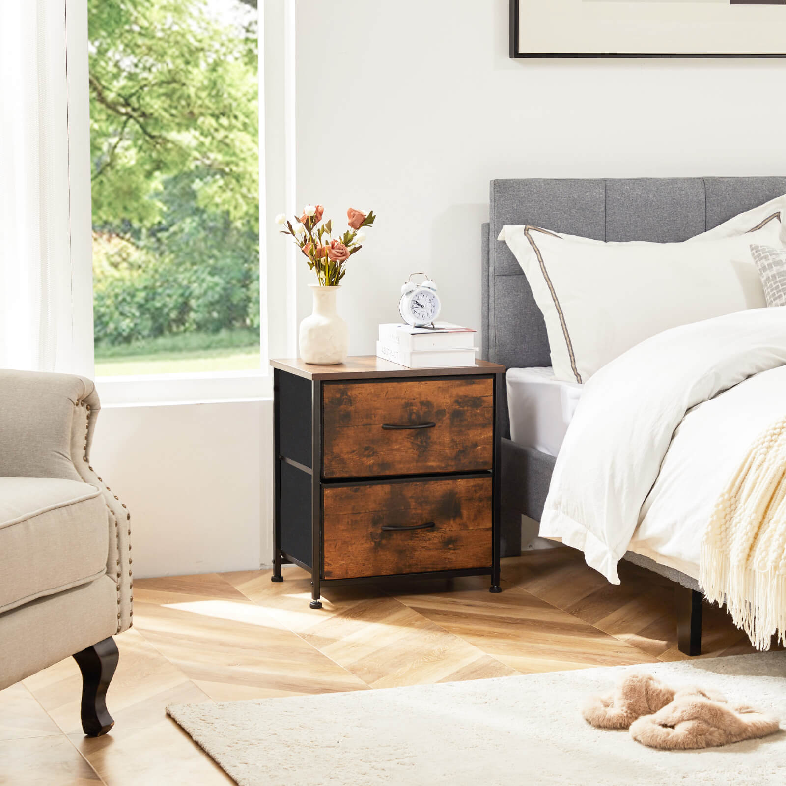 Compact 5-Drawer Fabric Dresser with Wood Top, Strong Metal Frame