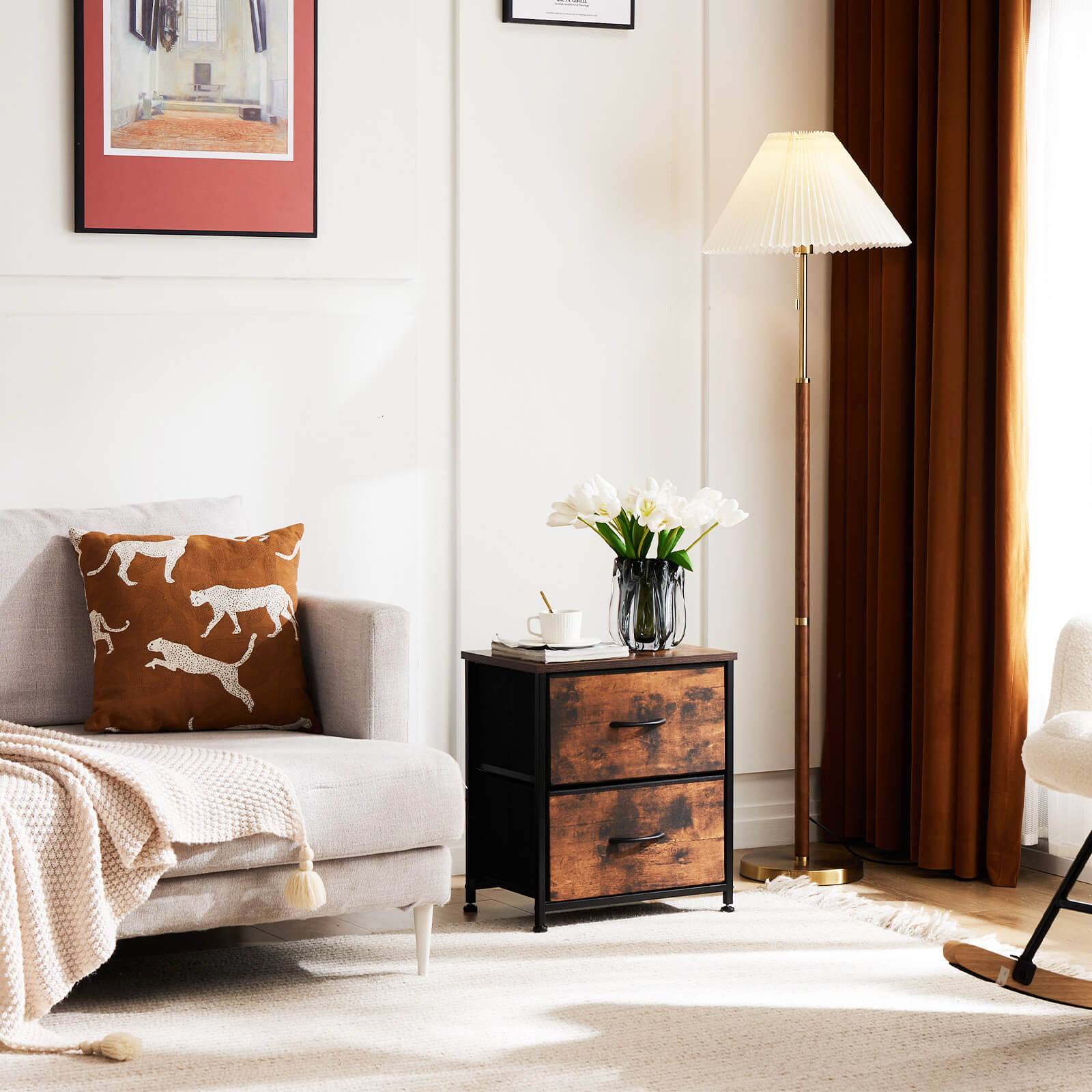 Compact 5-Drawer Fabric Dresser with Wood Top, Strong Metal Frame