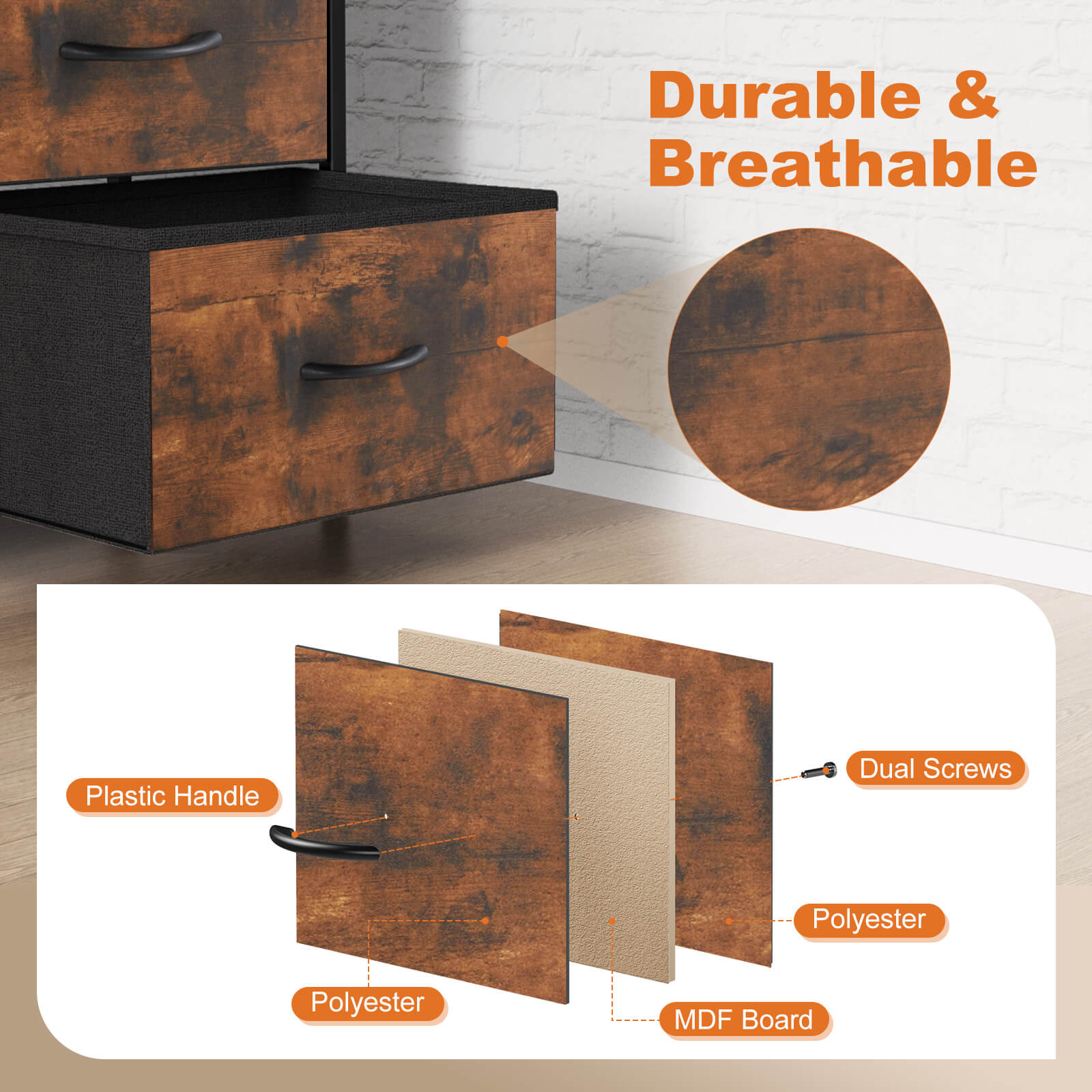 Compact 5-Drawer Fabric Dresser with Wood Top, Strong Metal Frame