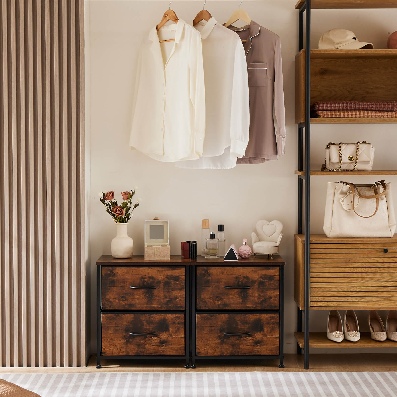 Compact 5-Drawer Fabric Dresser with Wood Top, Strong Metal Frame