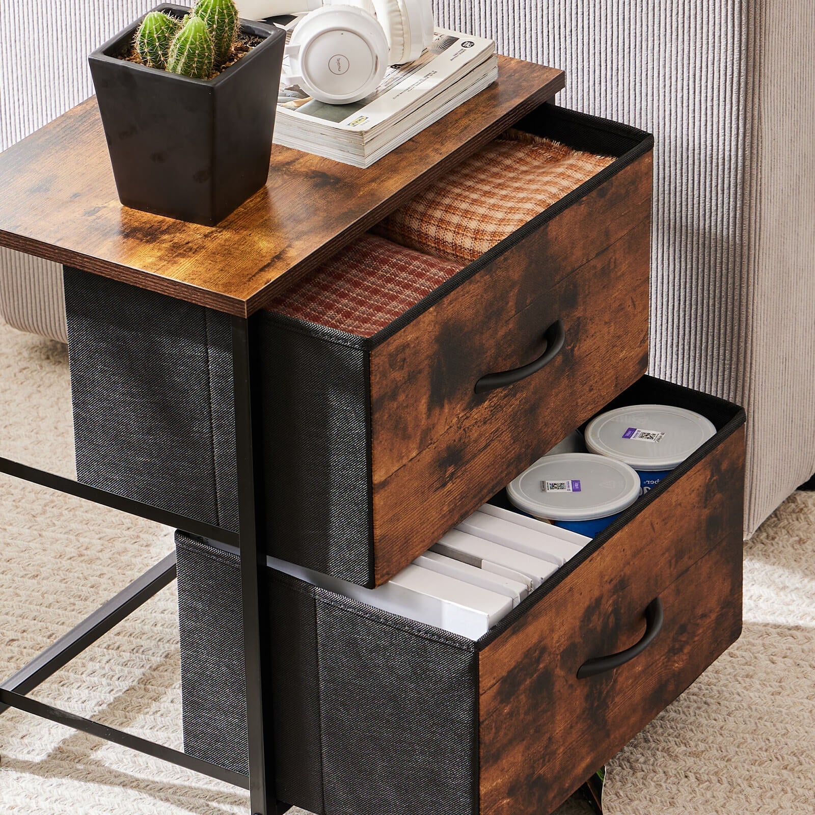 Compact 5-Drawer Fabric Dresser with Wood Top, Strong Metal Frame