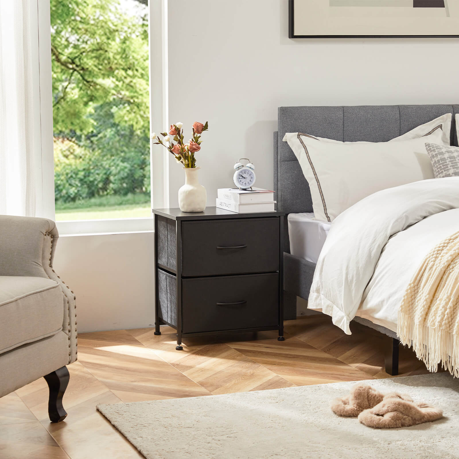 Compact 5-Drawer Fabric Dresser with Wood Top, Strong Metal Frame