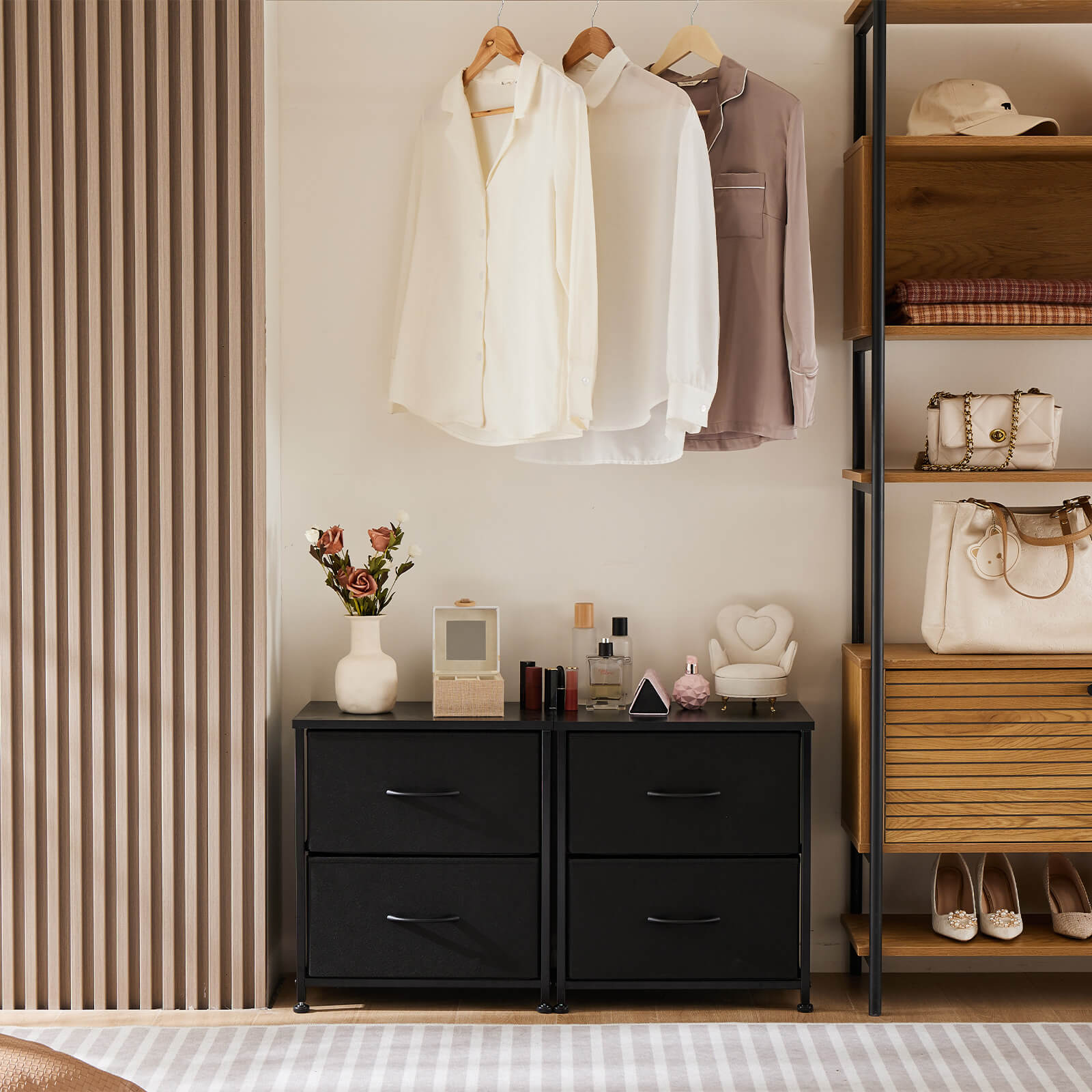 Compact 5-Drawer Fabric Dresser with Wood Top, Strong Metal Frame